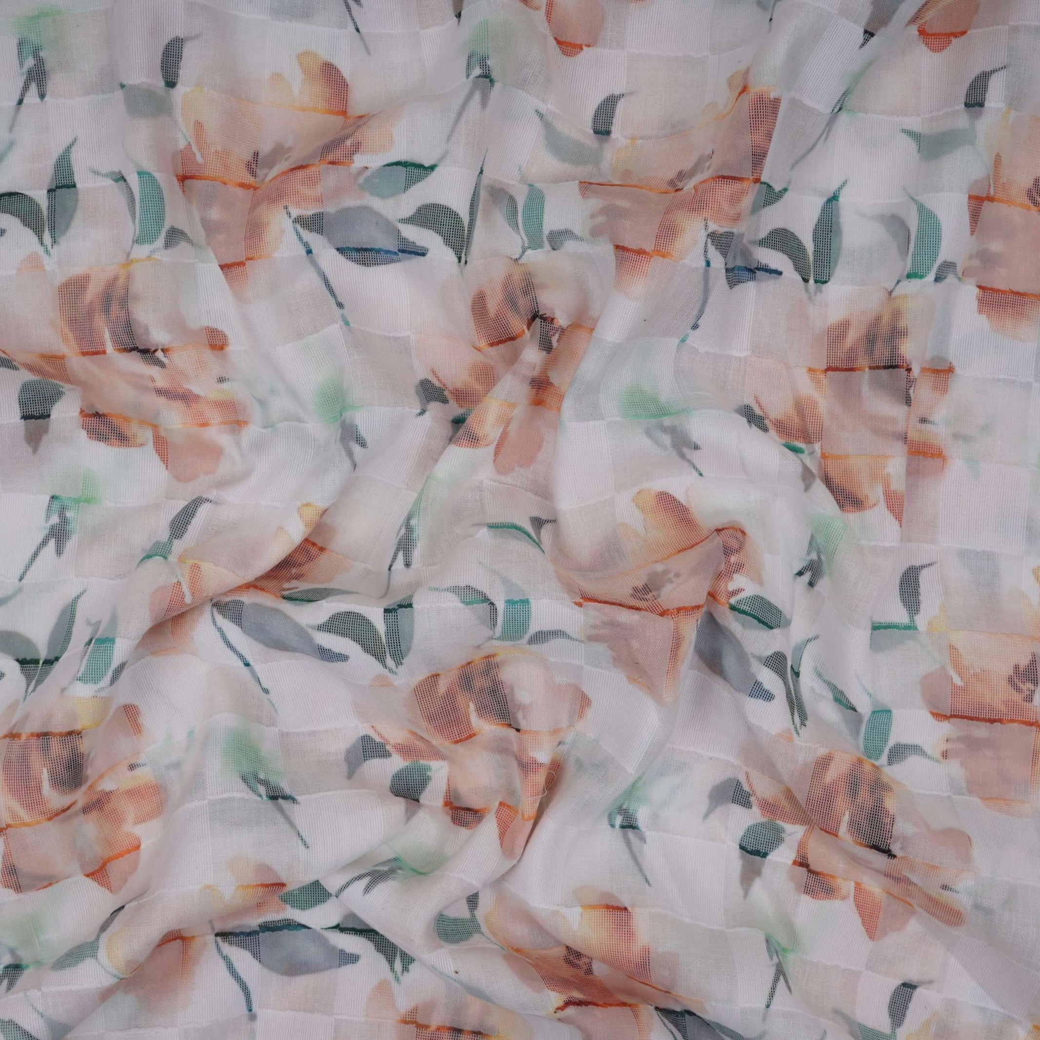 Orange & Green Dobby check floral print Cotton Linen Fabric DE-32138 - TradeUNO
