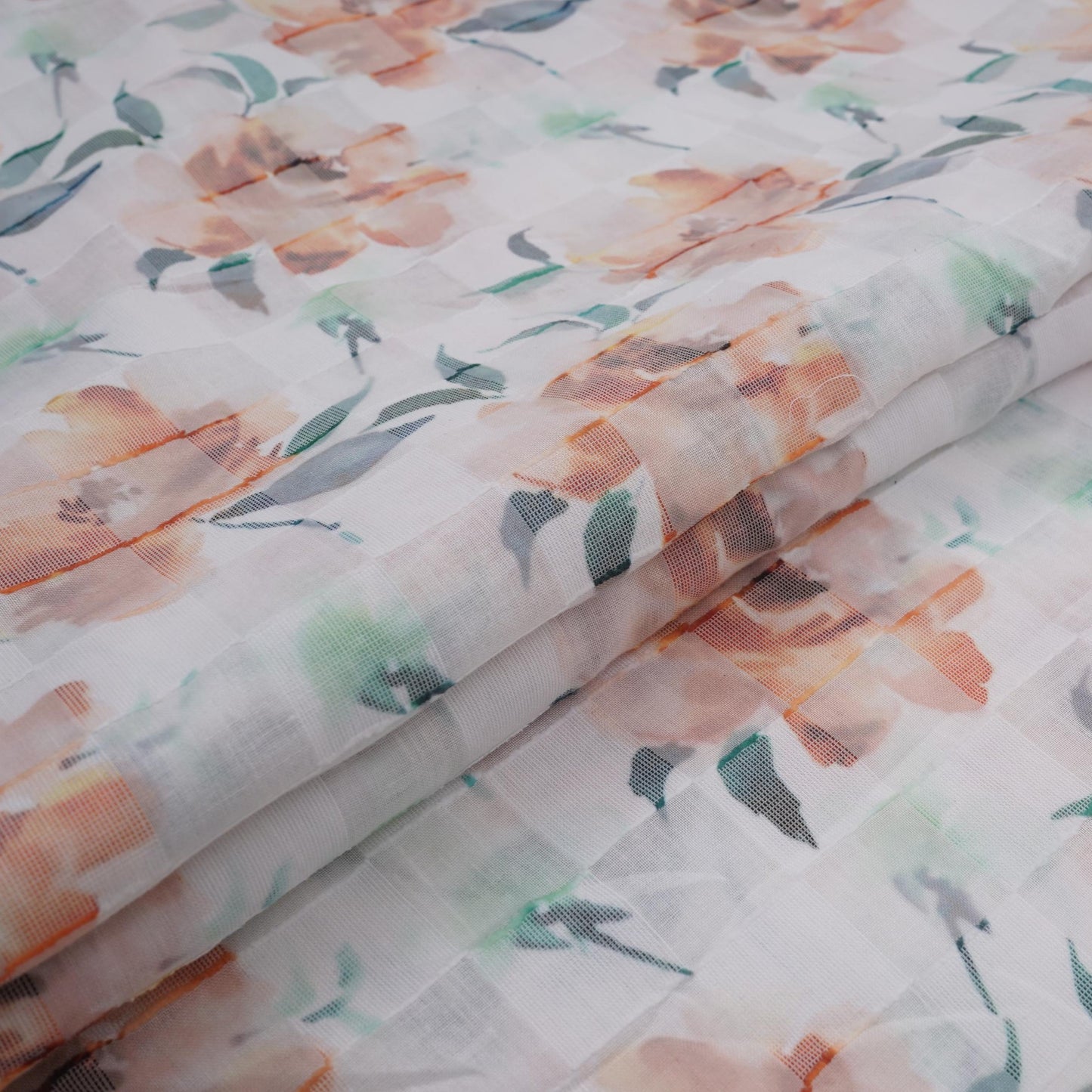 Orange & Green Dobby check floral print Cotton Linen Fabric DE-32138