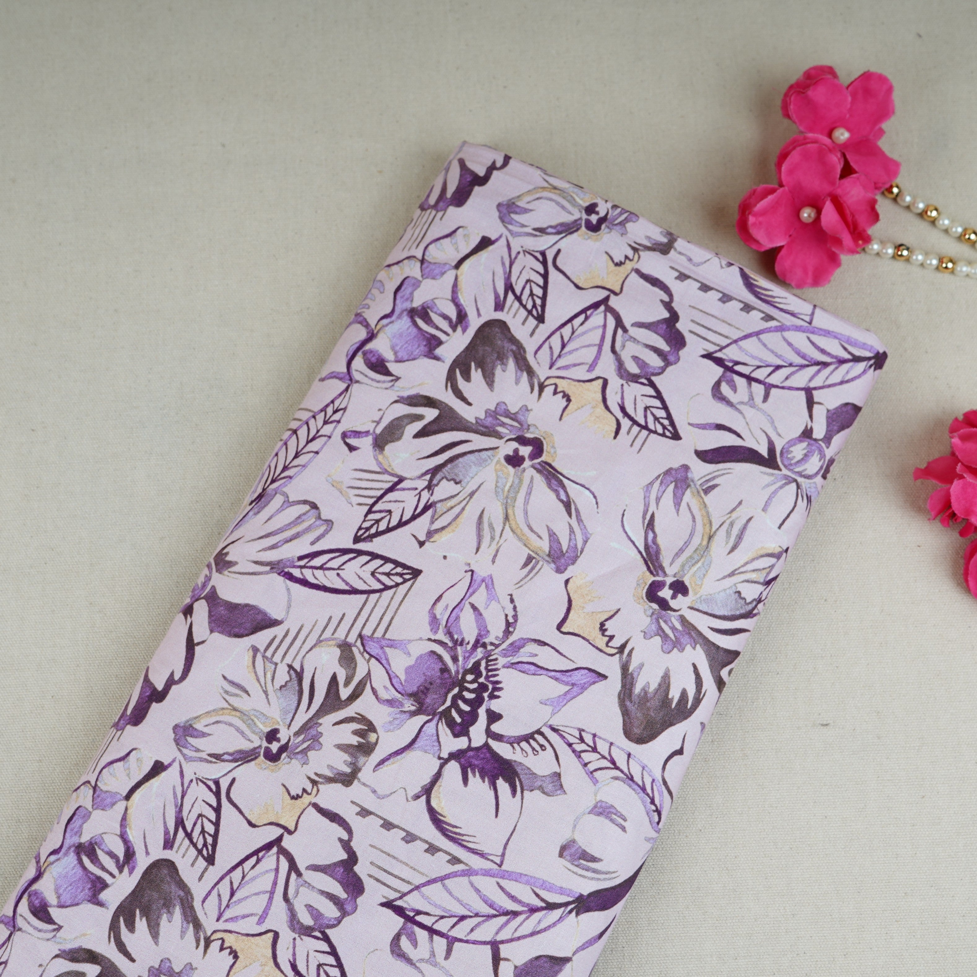 Light Pink with Black Floral Print Cotton Mulmul Fabric PG-30386 - TradeUNO