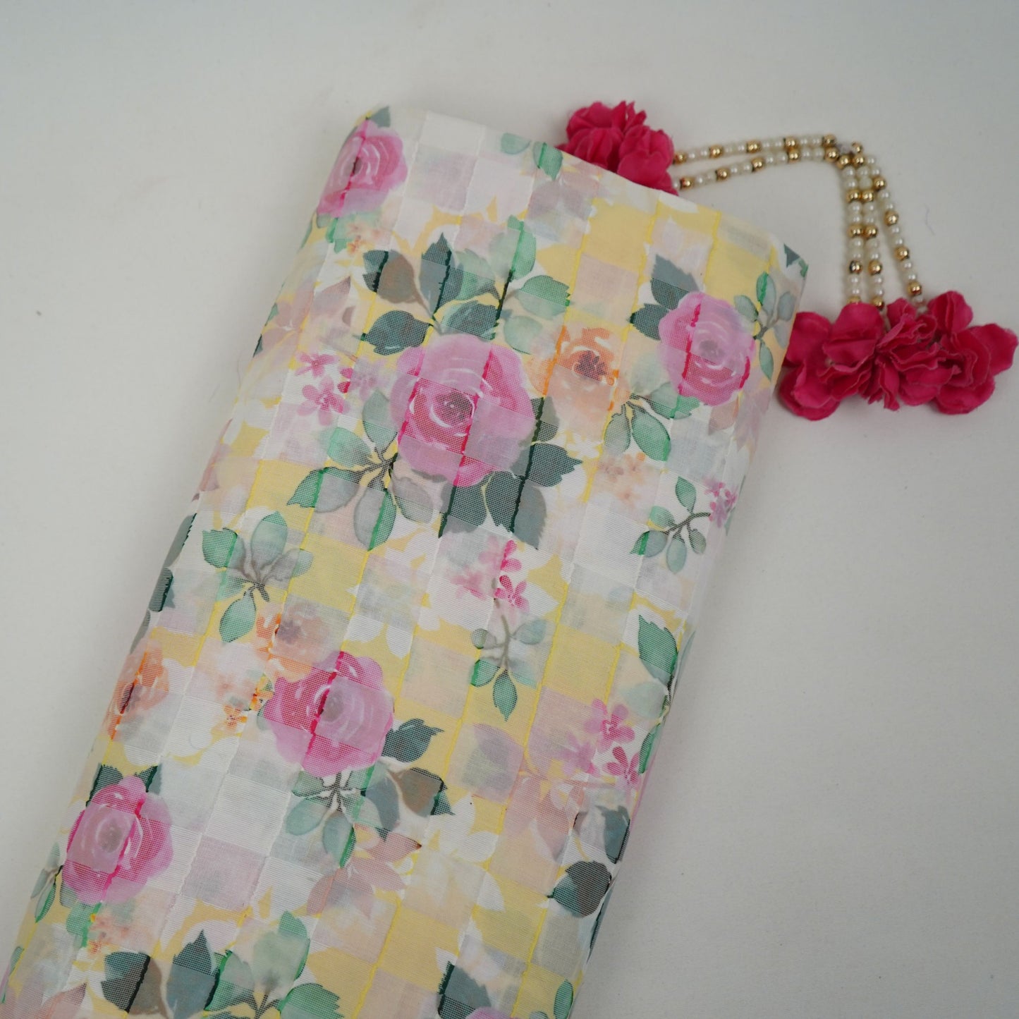 Yellow Dobby check floral print Cotton Linen Fabric DE-32133