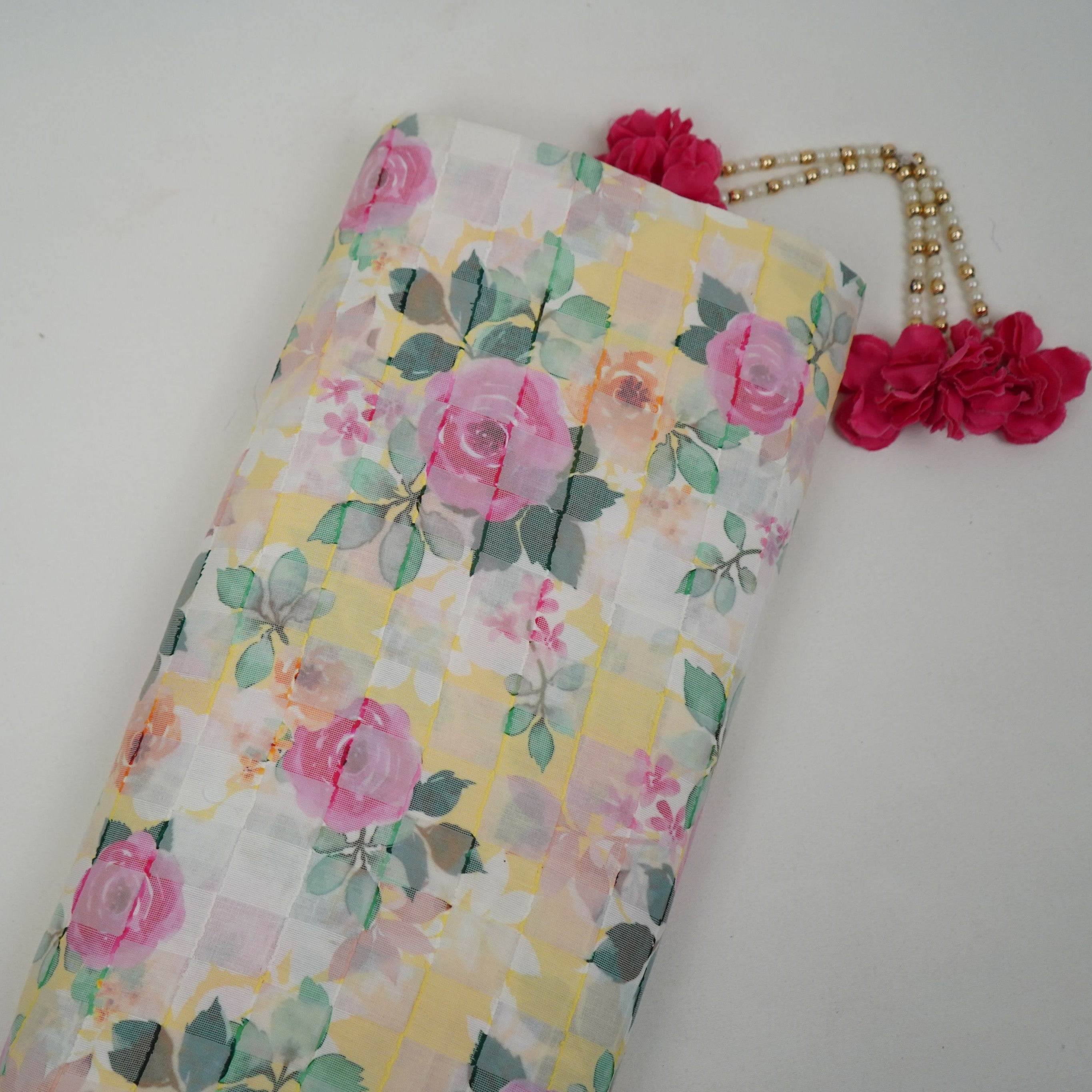 Yellow Dobby check floral print Cotton Linen Fabric DE-32133 - TradeUNO