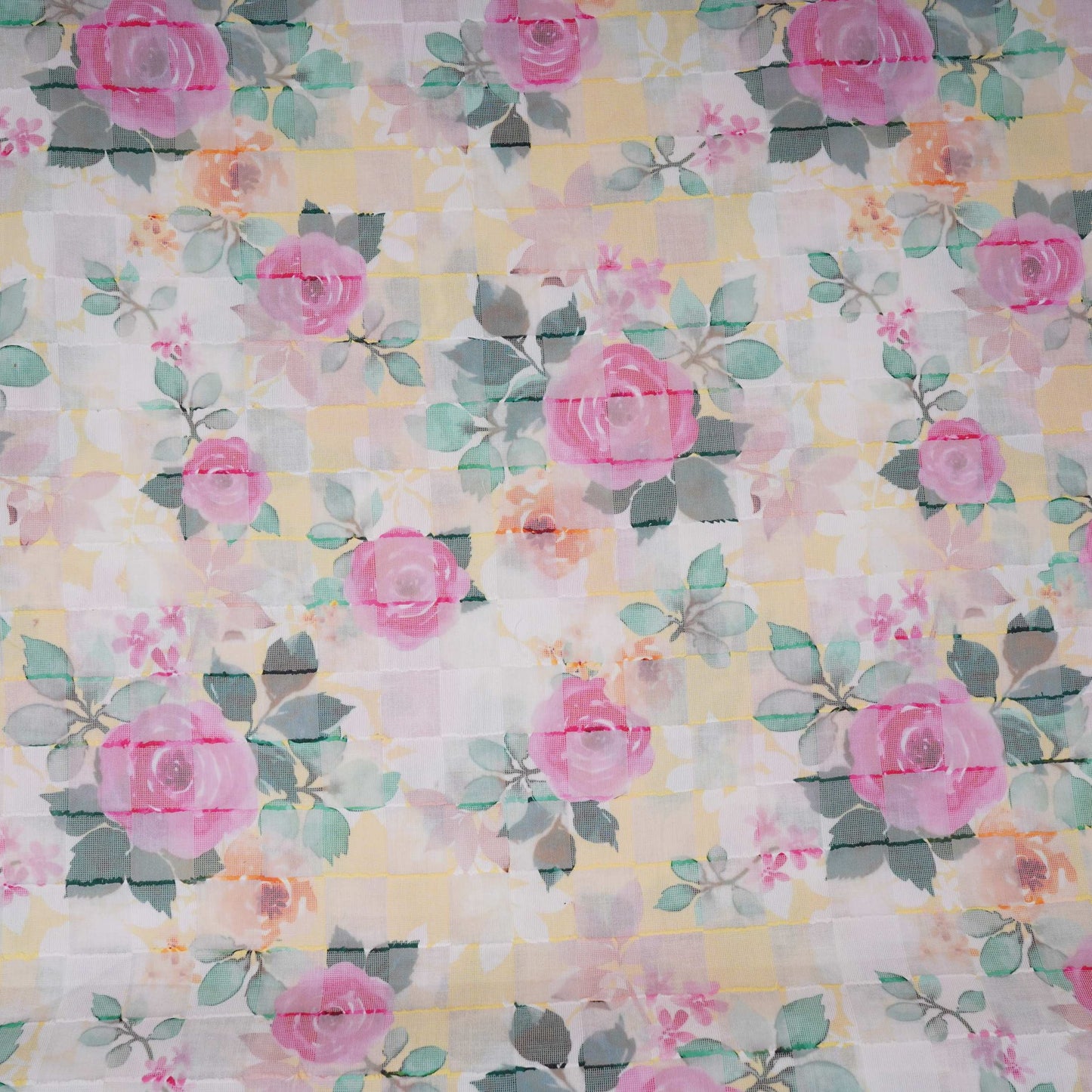 Yellow Dobby check floral print Cotton Linen Fabric DE-32133