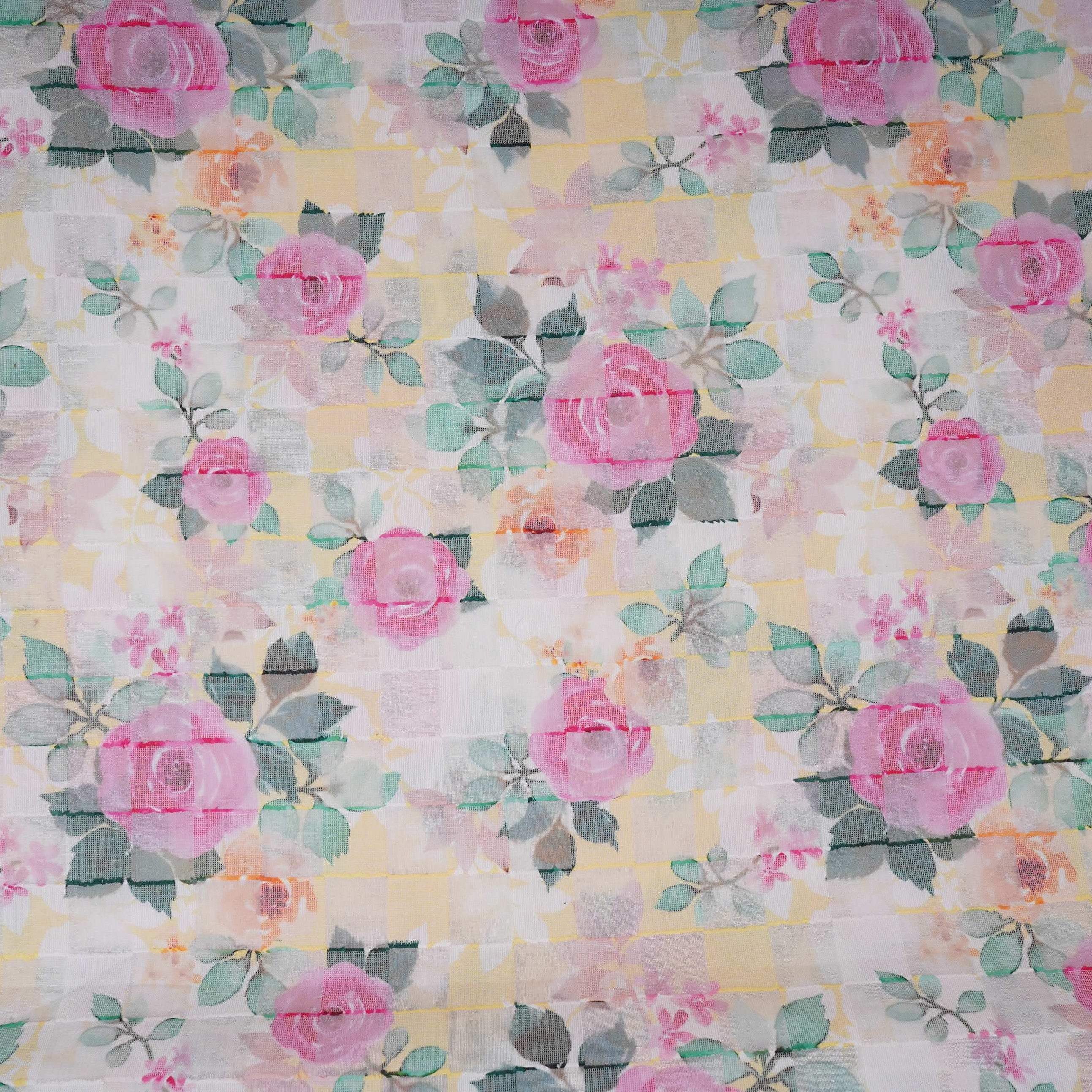 Yellow Dobby check floral print Cotton Linen Fabric DE-32133 - TradeUNO