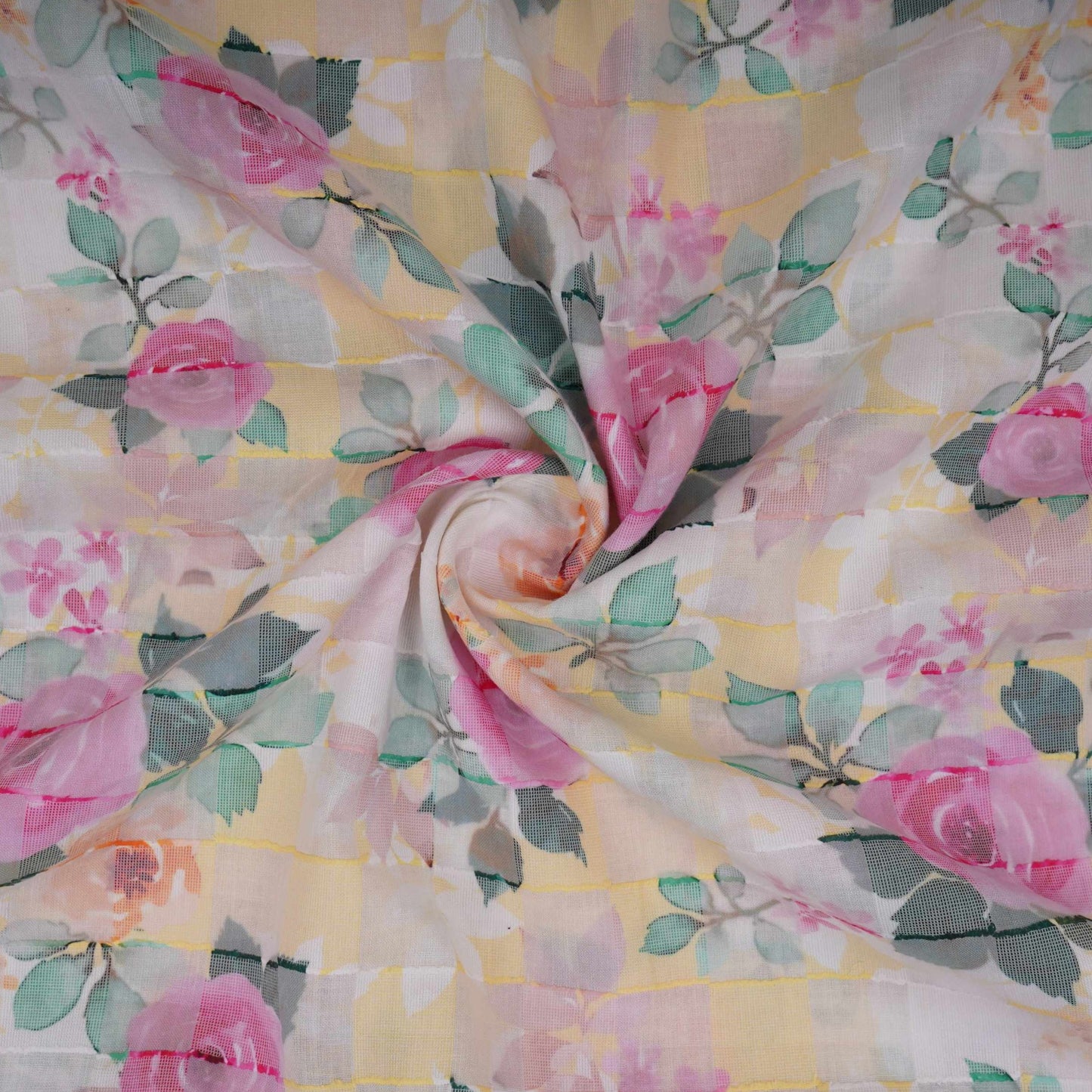 Yellow Dobby check floral print Cotton Linen Fabric DE-32133