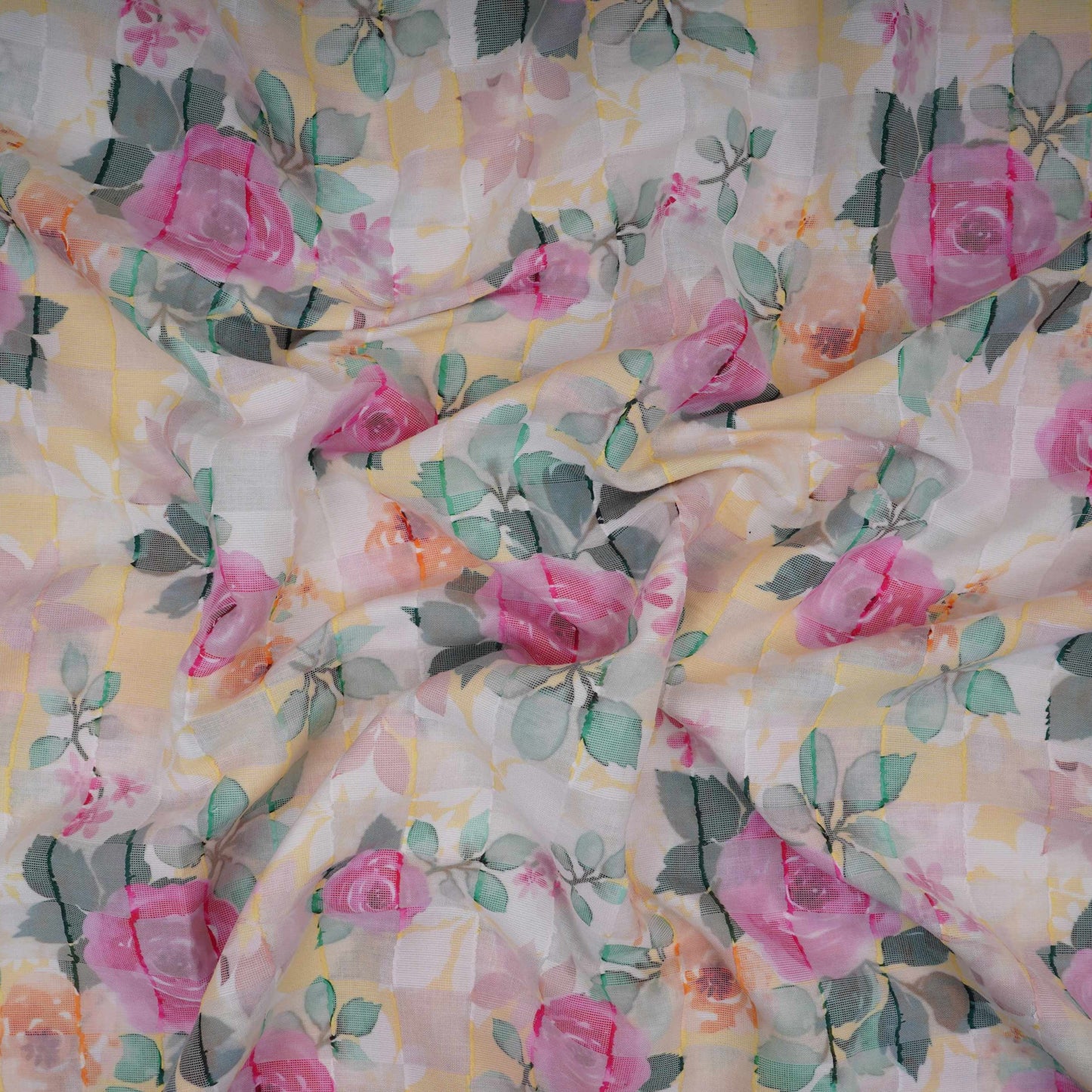 Yellow Dobby check floral print Cotton Linen Fabric DE-32133