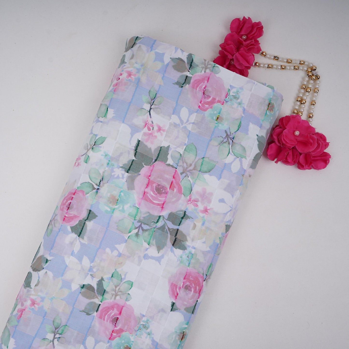 Blue Dobby check floral print Cotton Linen Fabric DE-32136