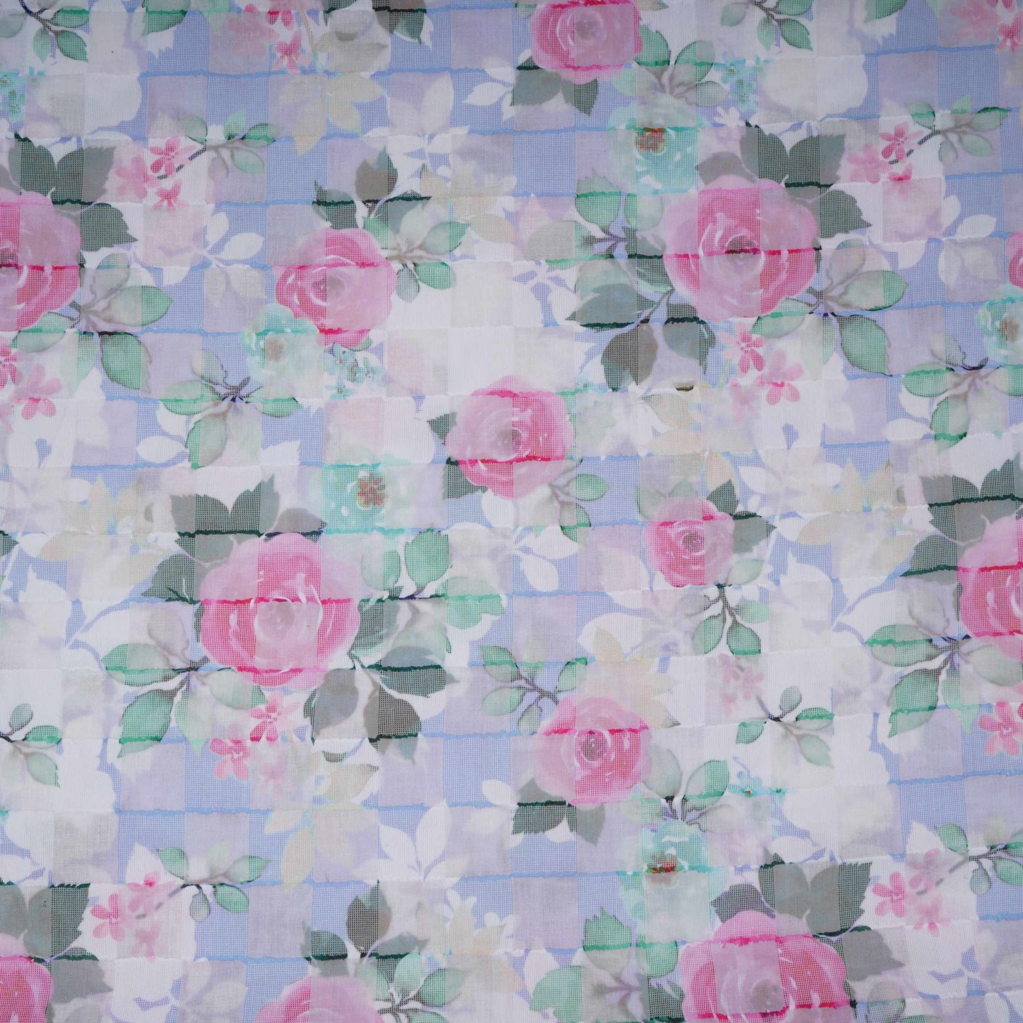 Blue Dobby check floral print Cotton Linen Fabric DE-32136