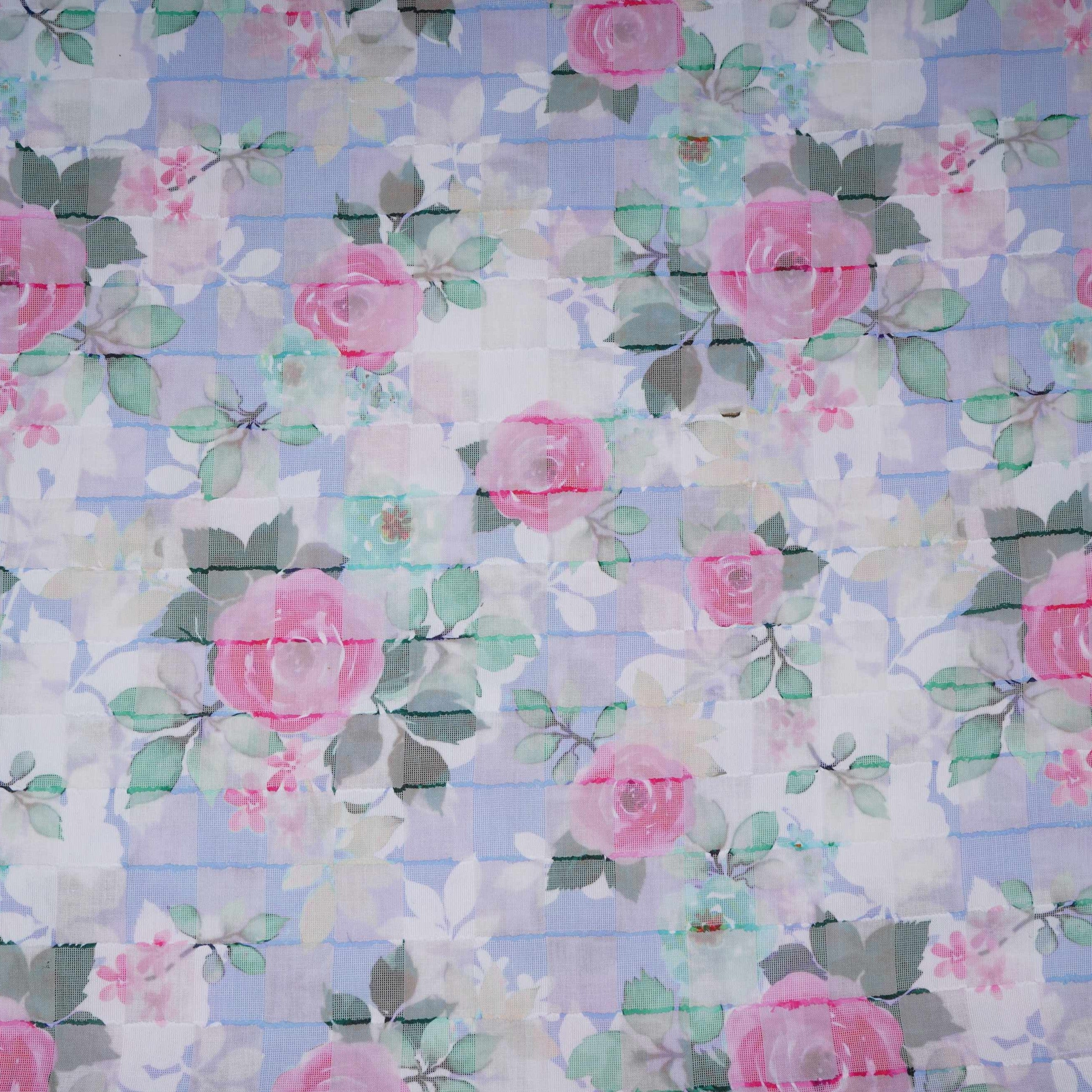 Blue Dobby check floral print Cotton Linen Fabric DE-32136 - TradeUNO