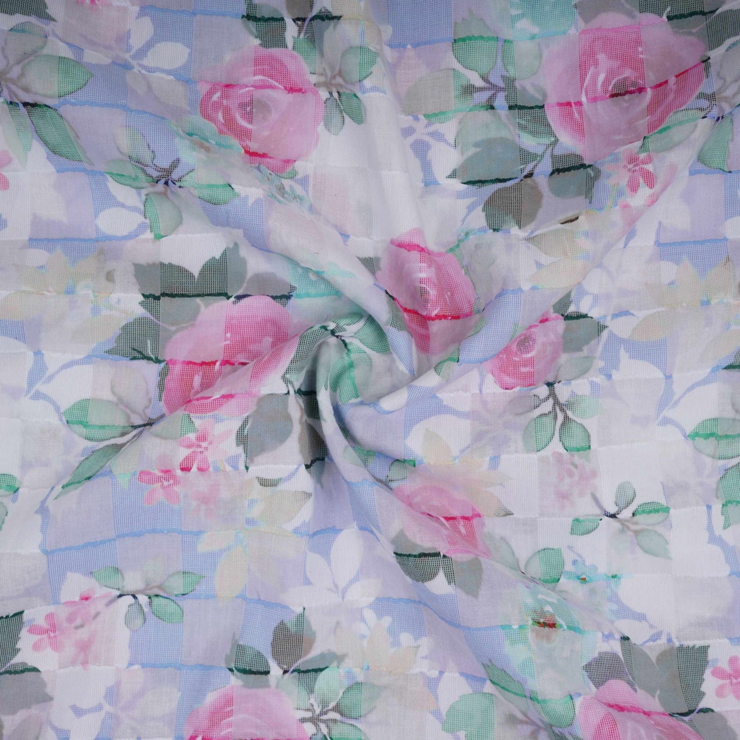 Blue Dobby check floral print Cotton Linen Fabric DE-32136