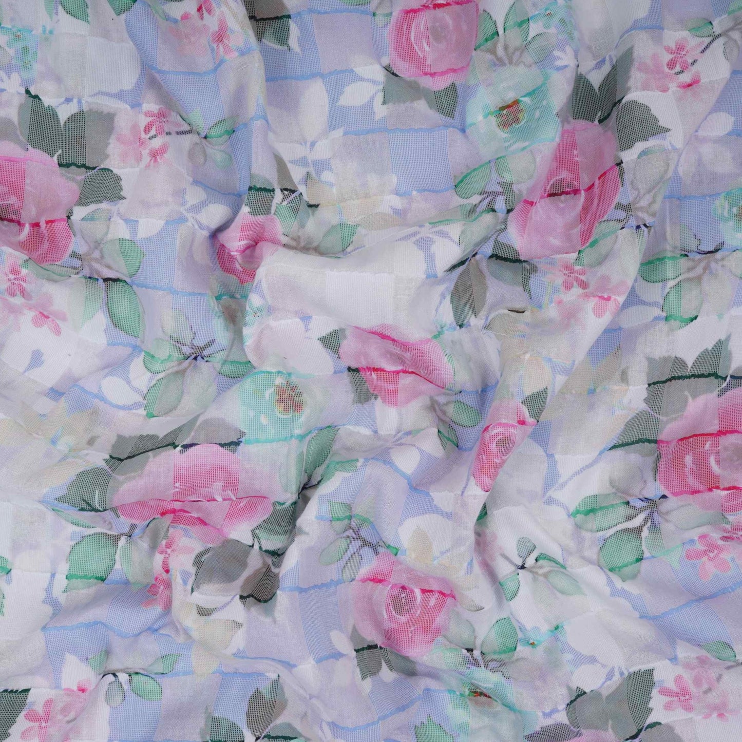Blue Dobby check floral print Cotton Linen Fabric DE-32136