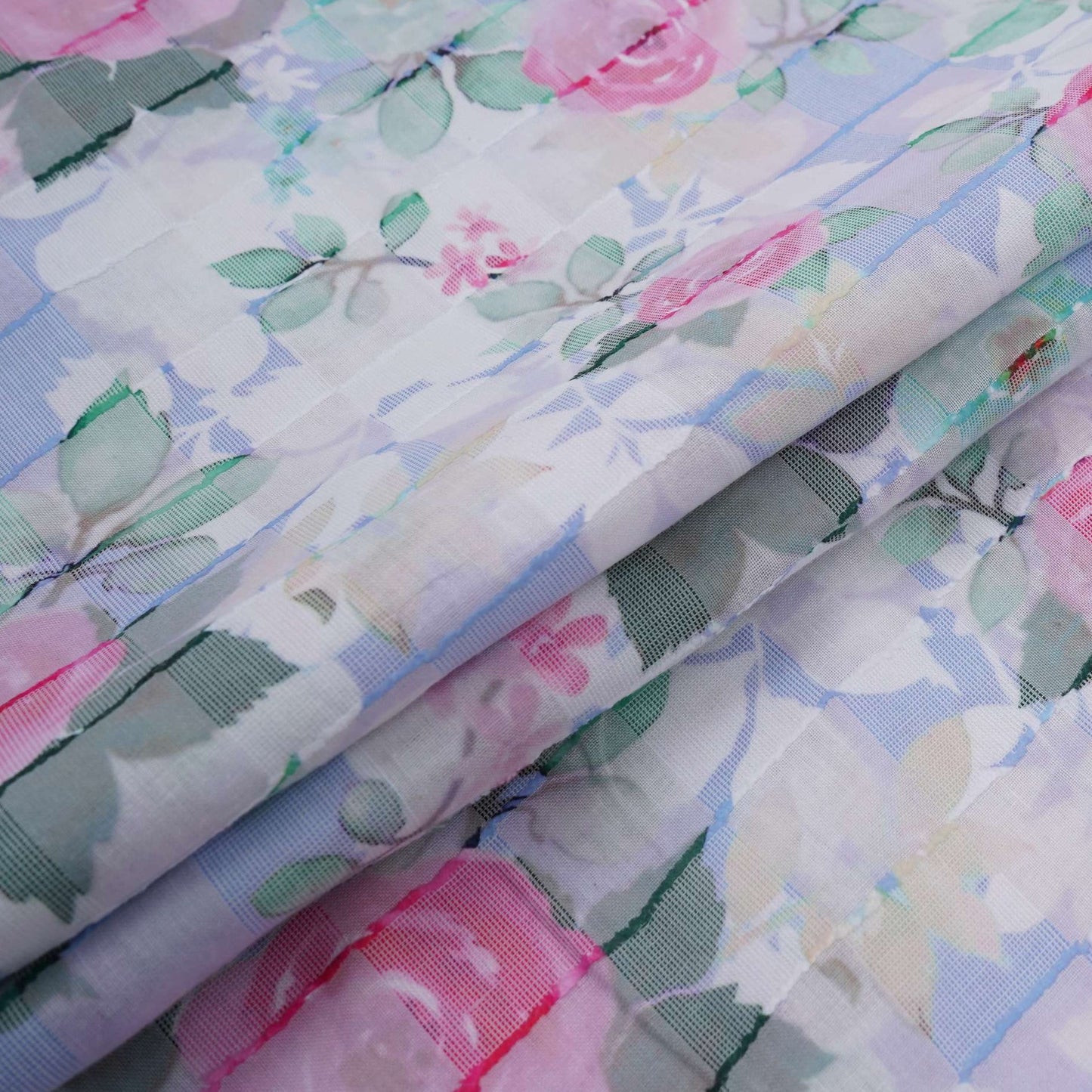 Blue Dobby check floral print Cotton Linen Fabric DE-32136