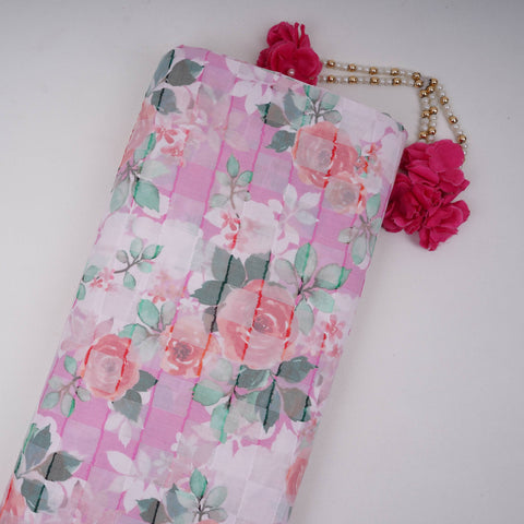 Pink Dobby check floral print Cotton Linen Fabric DE-32135