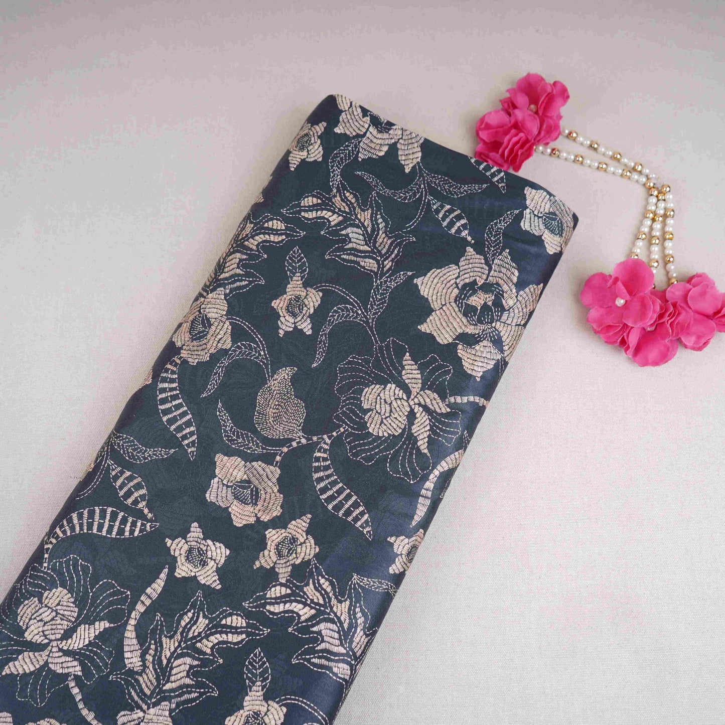 Black Floral Print Cotton Satin Fabric PG-30404