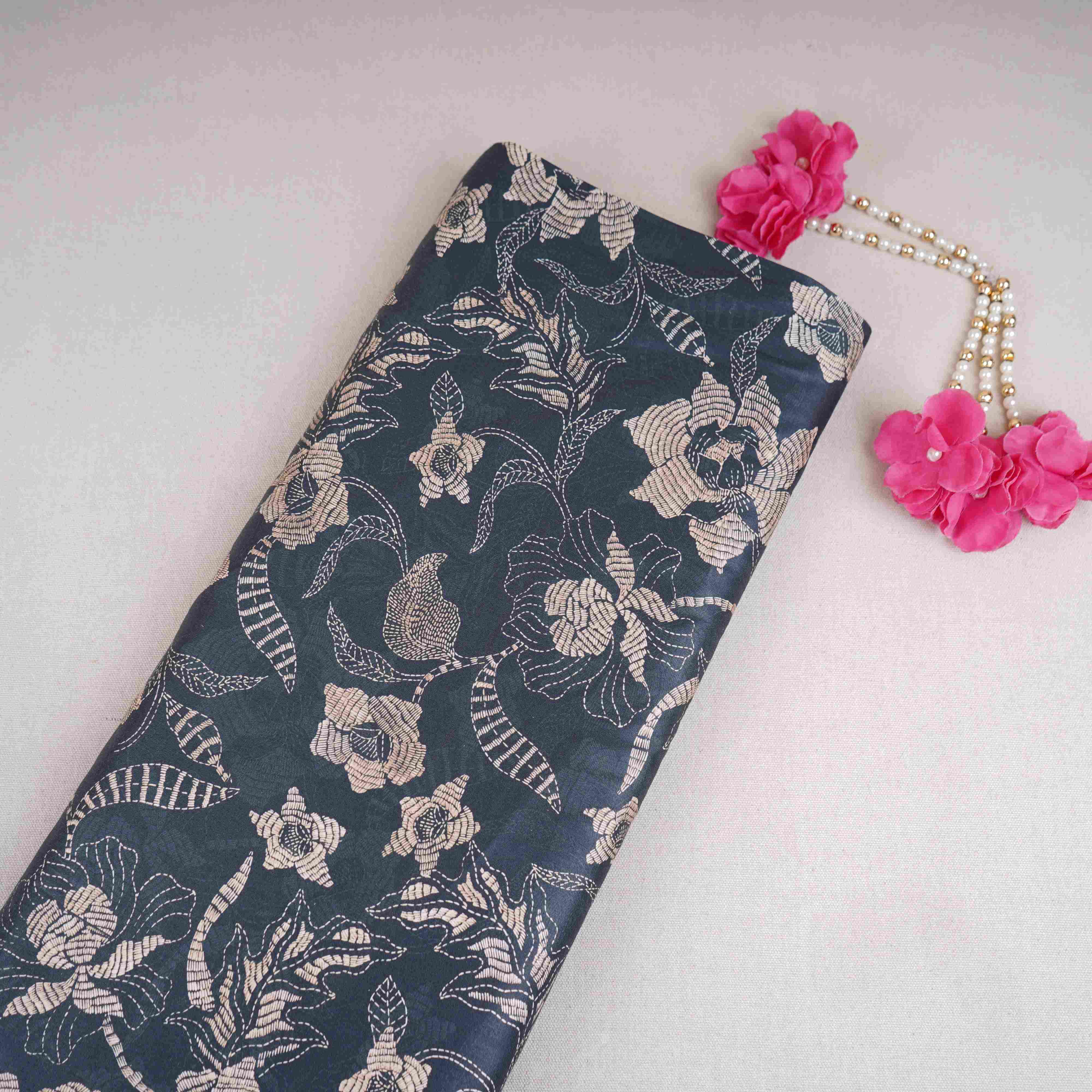 Black Floral Print Cotton Satin Fabric PG-30404 - TradeUNO
