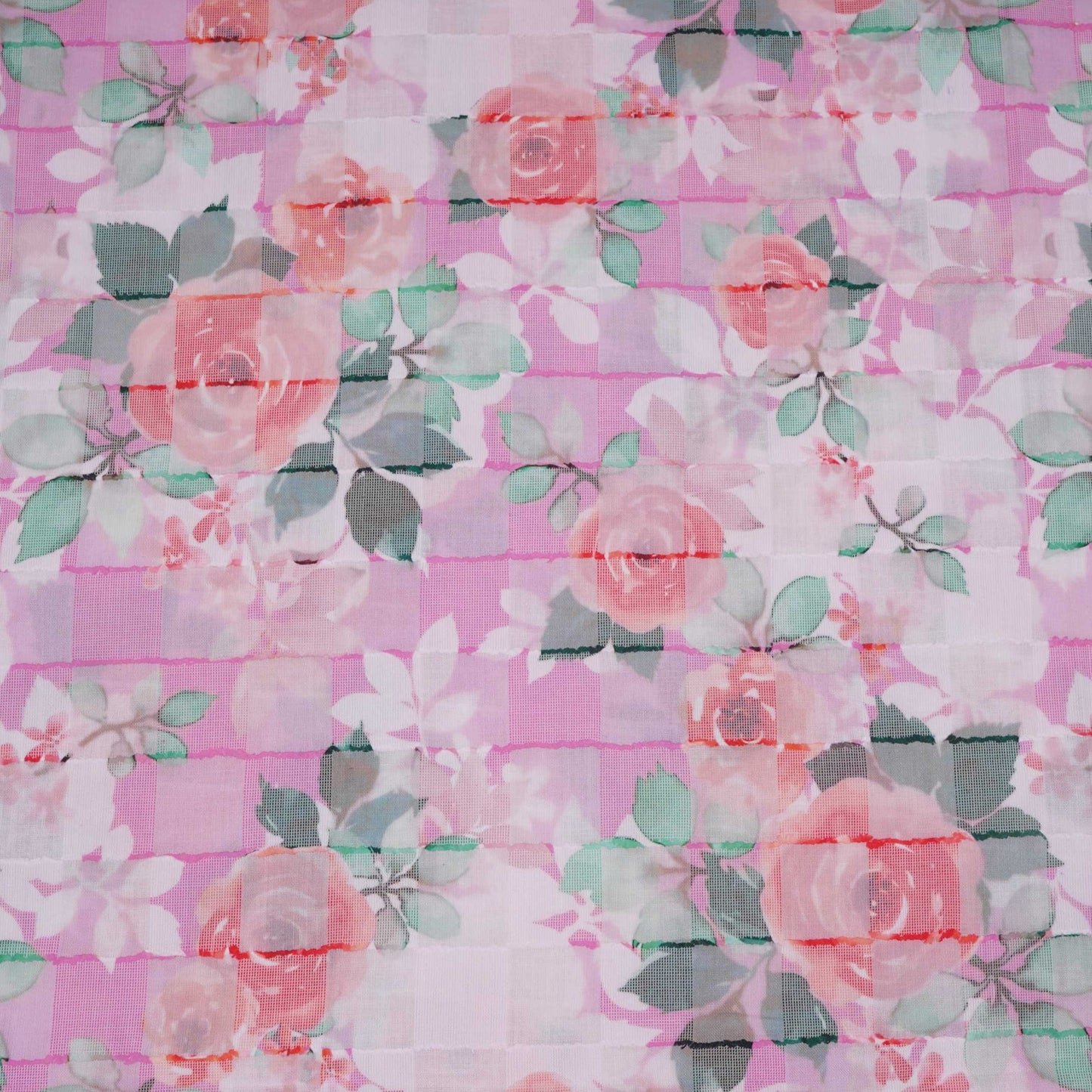 Pink Dobby check floral print Cotton Linen Fabric DE-32135