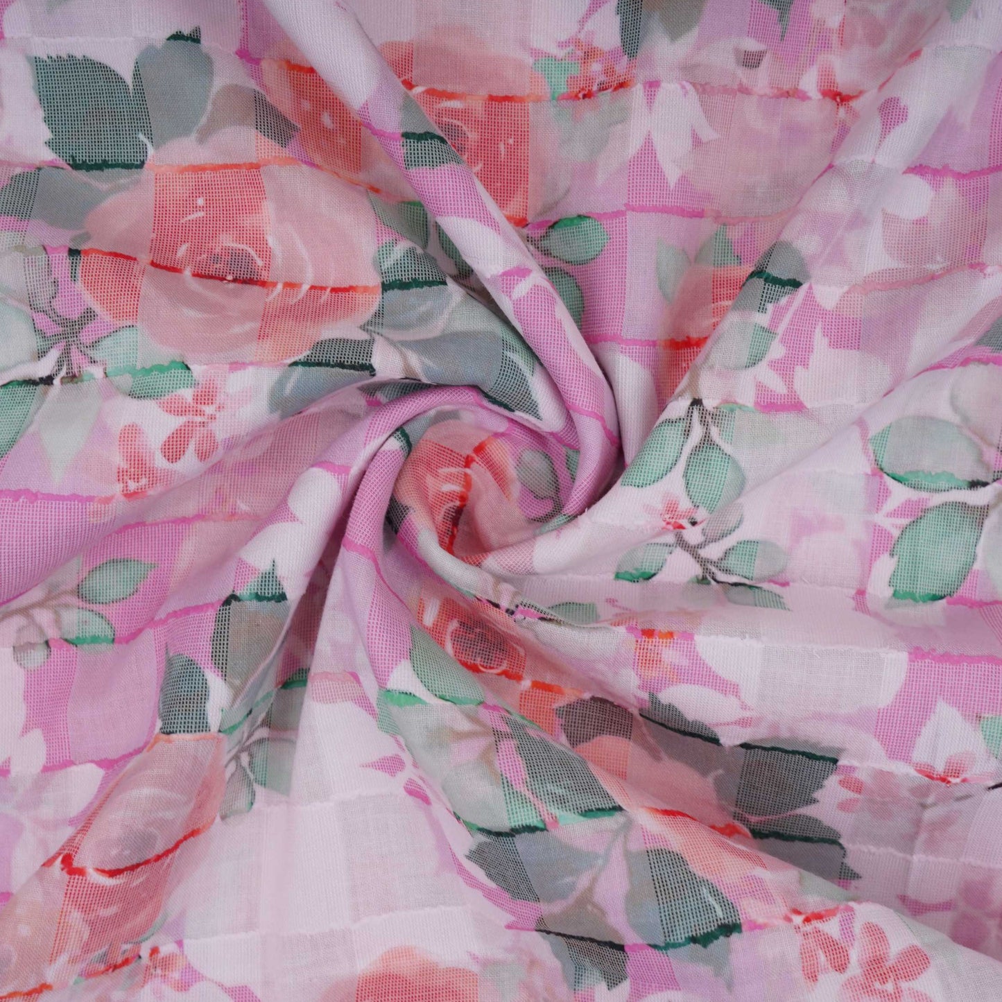 Pink Dobby check floral print Cotton Linen Fabric DE-32135