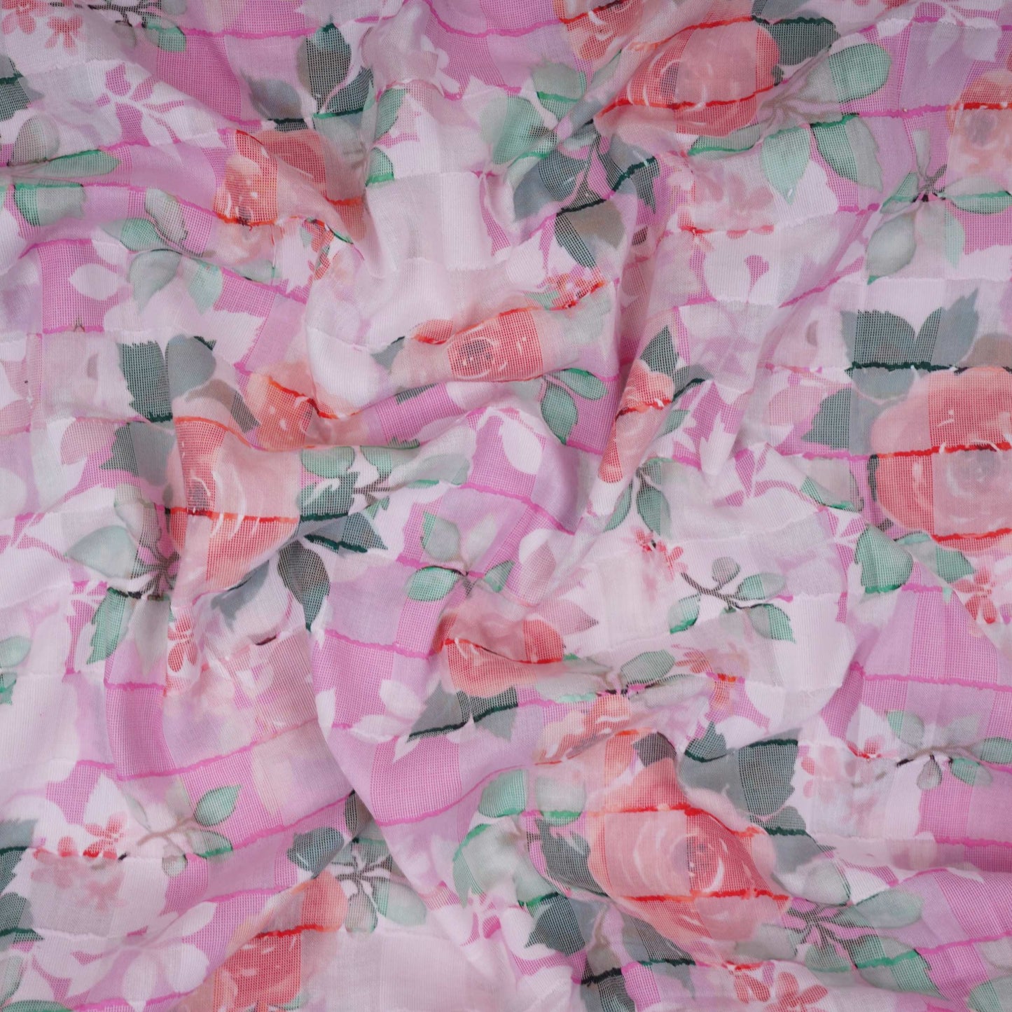 Pink Dobby check floral print Cotton Linen Fabric DE-32135