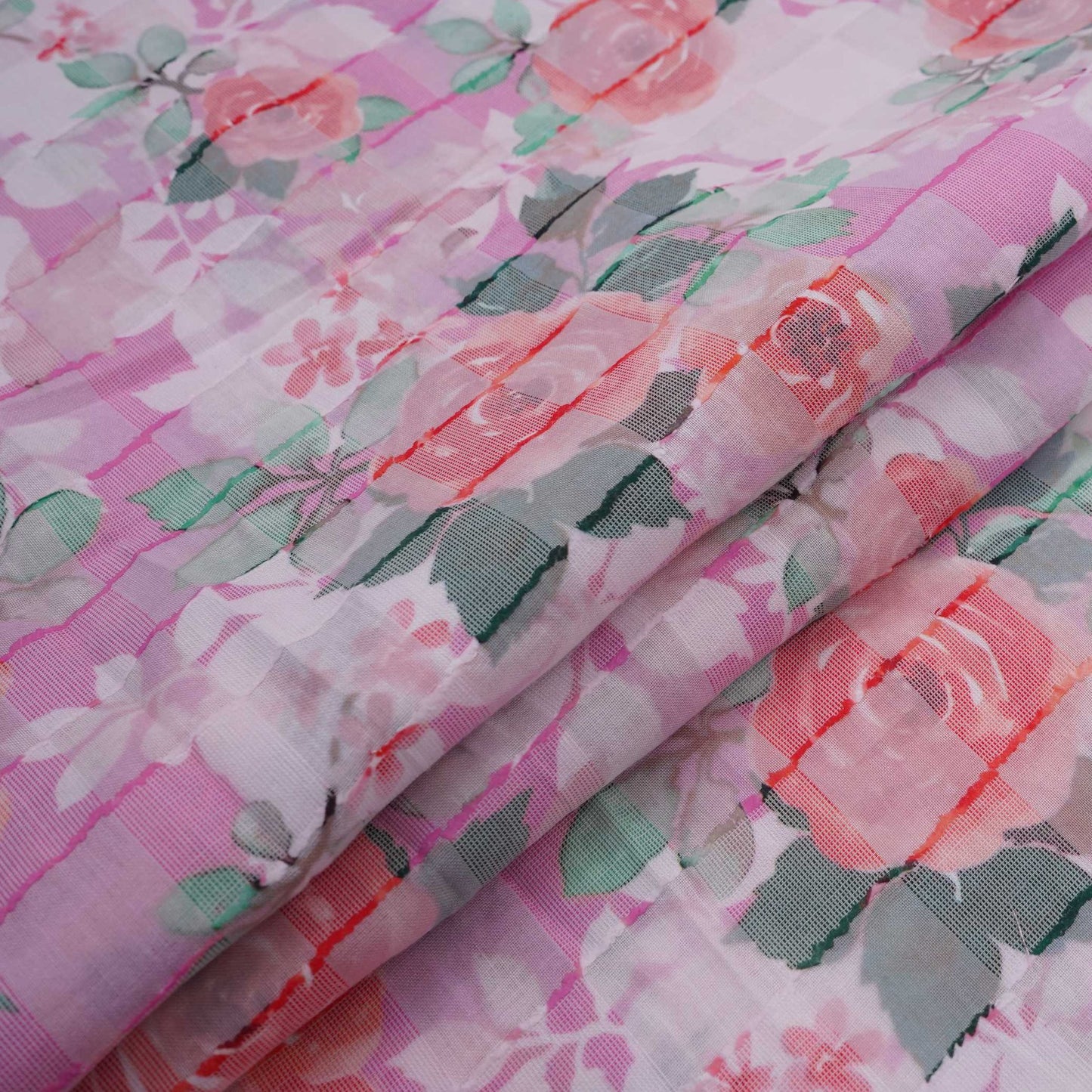 Pink Dobby check floral print Cotton Linen Fabric DE-32135