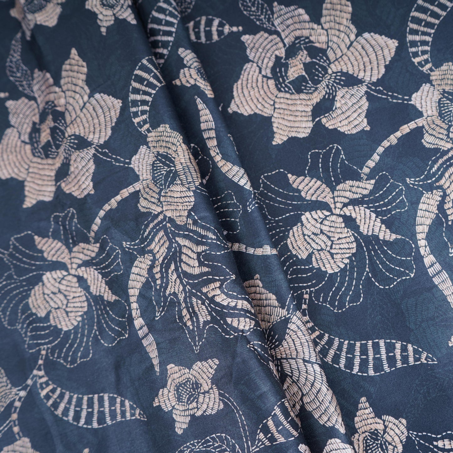 Black Floral Print Cotton Satin Fabric PG-30404
