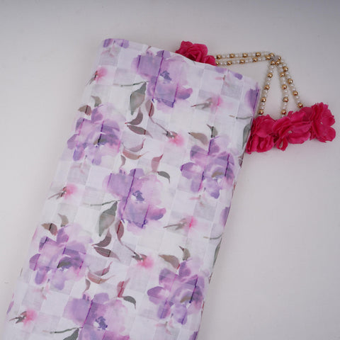 Purple & Green Dobby check floral print Cotton Linen Fabric DE-32139