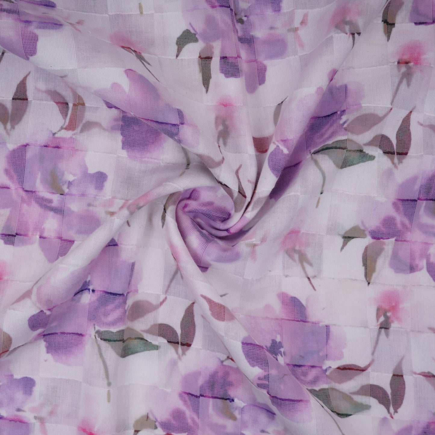Purple & Green Dobby check floral print Cotton Linen Fabric DE-32139