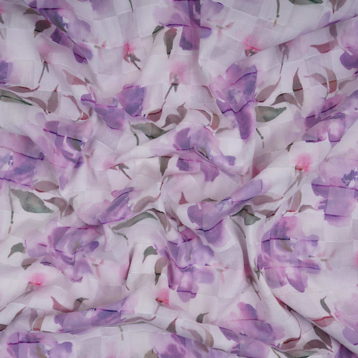 Purple & Green Dobby check floral print Cotton Linen Fabric DE-32139
