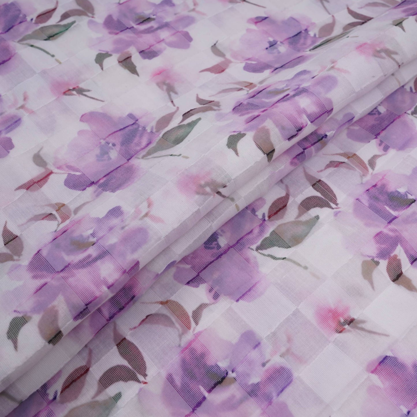 Purple & Green Dobby check floral print Cotton Linen Fabric DE-32139