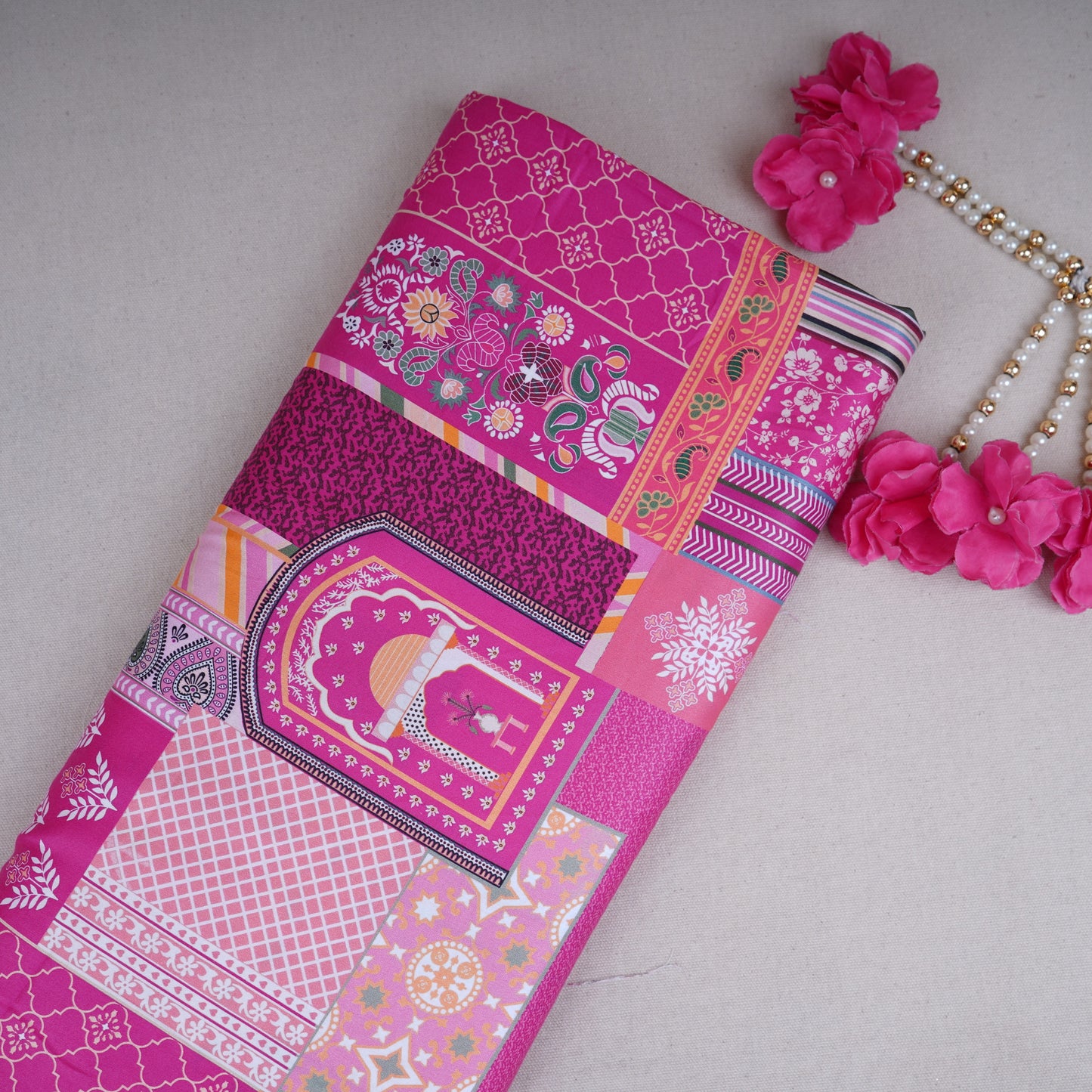 Pink Abstract Print Cotton Satin Fabric PG-30397