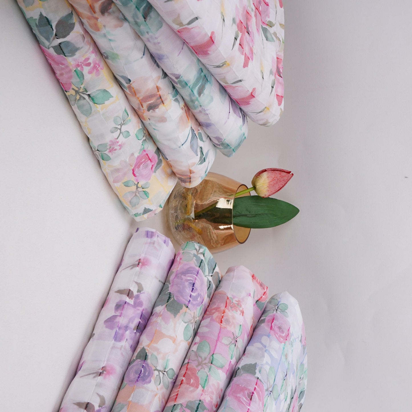 Purple & Green Dobby check floral print Cotton Linen Fabric DE-32139