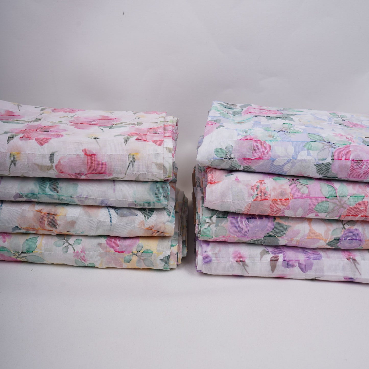 Purple & Green Dobby check floral print Cotton Linen Fabric DE-32139