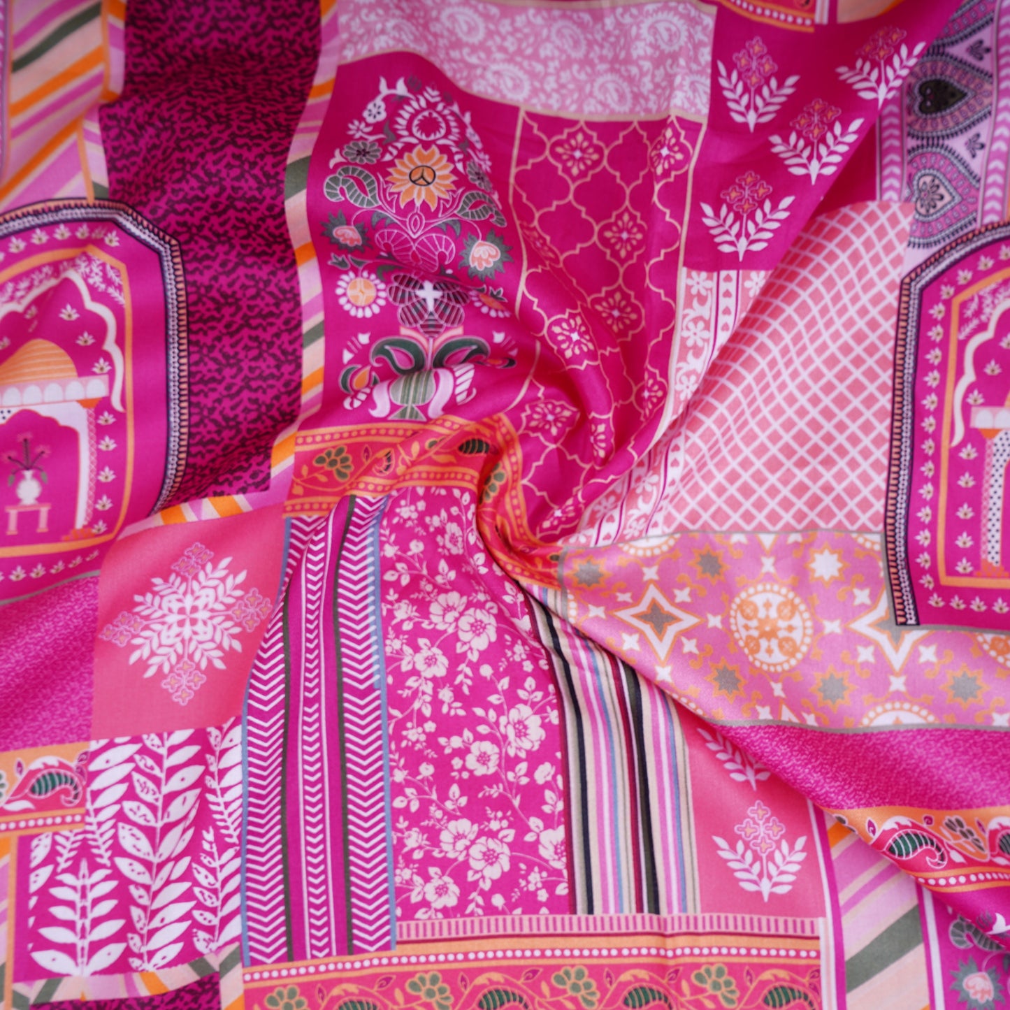 Pink Abstract Print Cotton Satin Fabric PG-30397