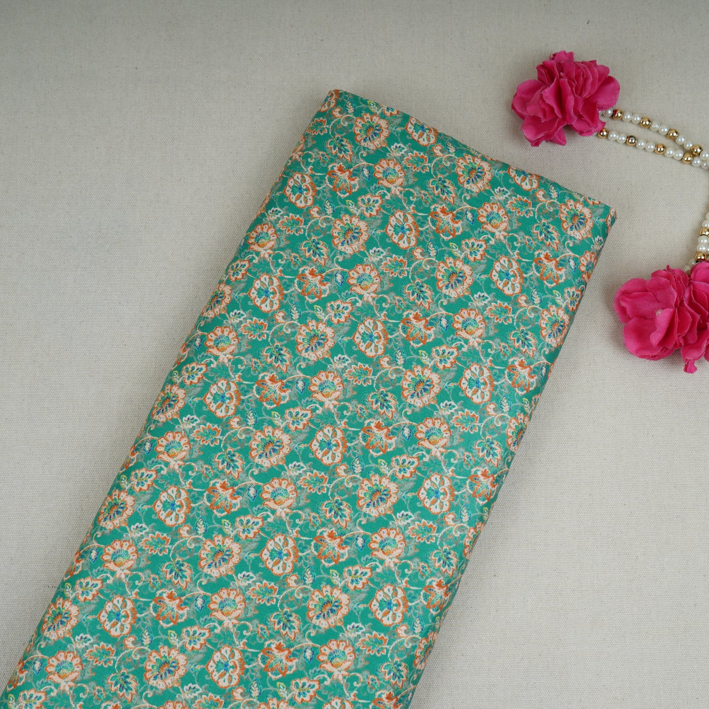 Green Floral Print Cotton Satin Fabric PG-30399