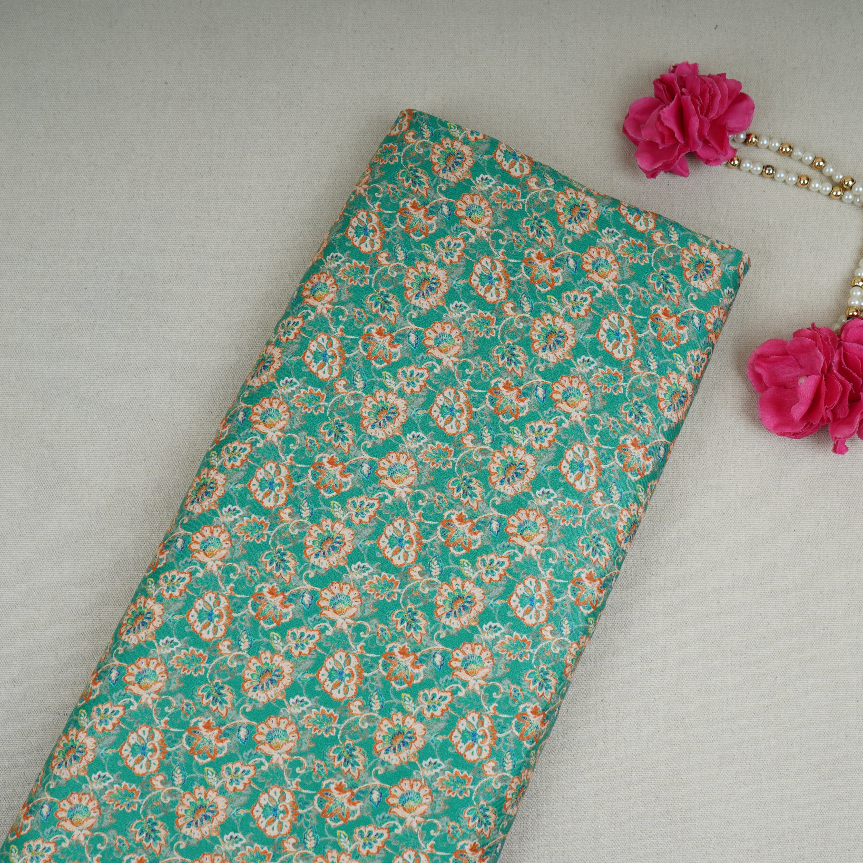 Green Floral Print Cotton Satin Fabric PG-30399 - TradeUNO