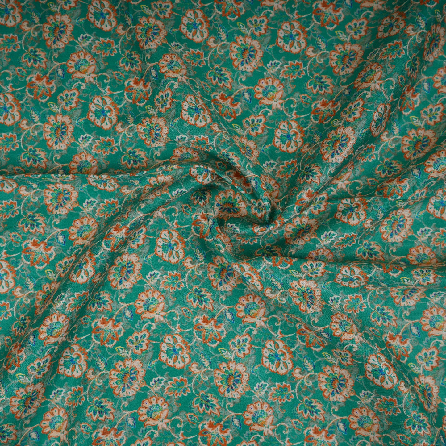 Green Floral Print Cotton Satin Fabric PG-30399
