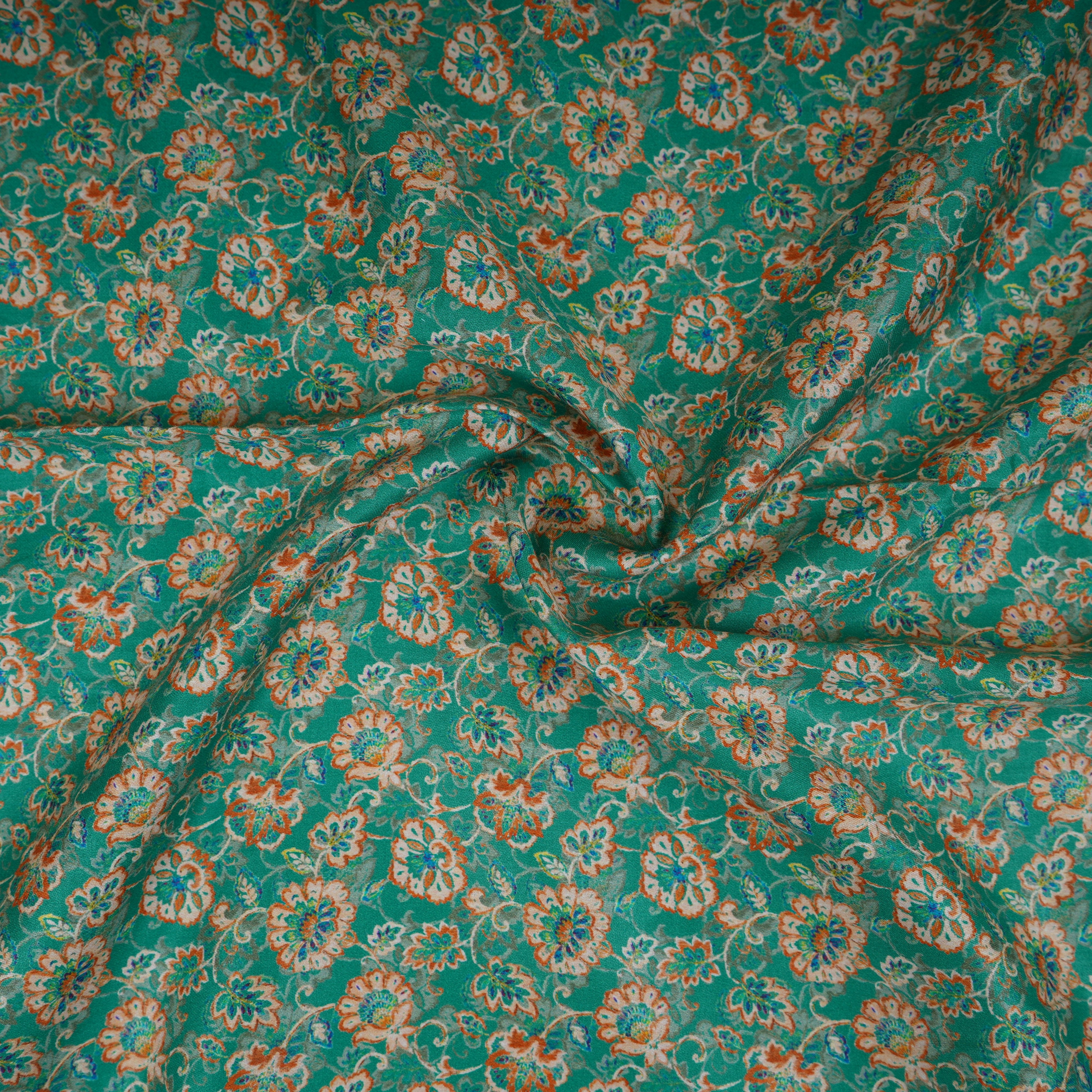 Green Floral Print Cotton Satin Fabric PG-30399 - TradeUNO