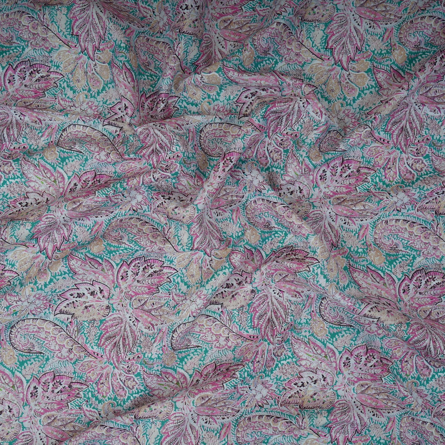 Teal Green Floral Print Cotton Mulmul Fabric PG-30388