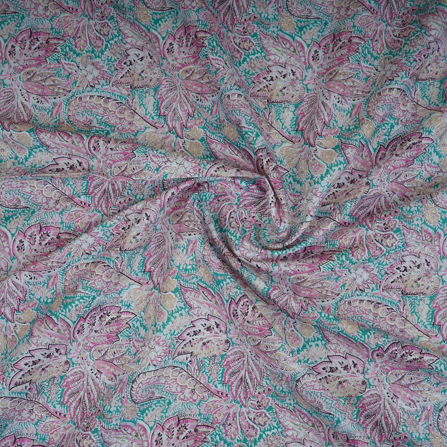 Teal Green Floral Print Cotton Mulmul Fabric PG-30388