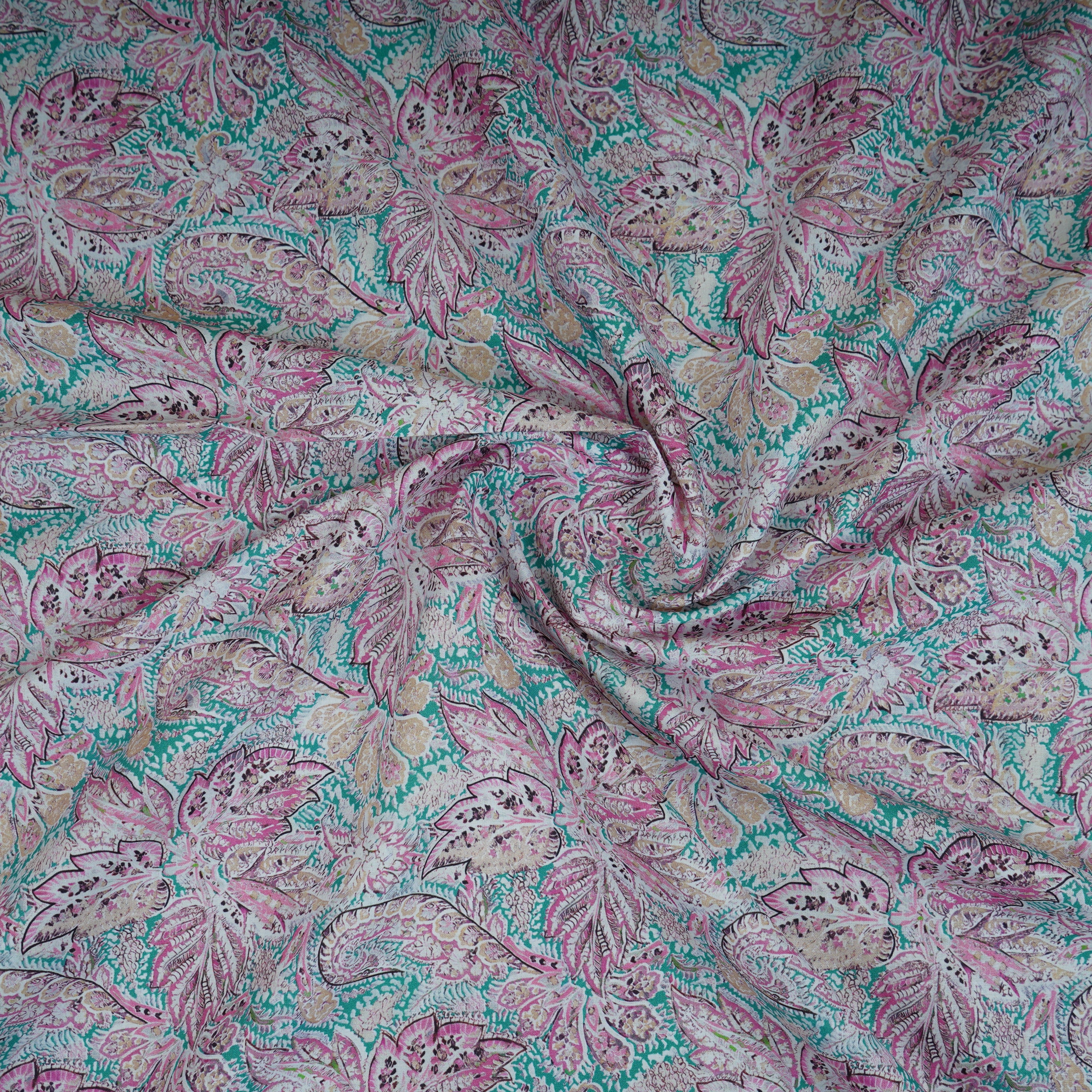 Teal Green Floral Print Cotton Mulmul Fabric PG-30388 - TradeUNO