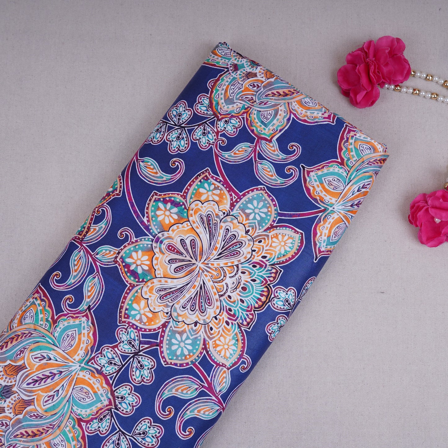 Dark Blue Floral Print Cotton Satin Fabric PG-30398
