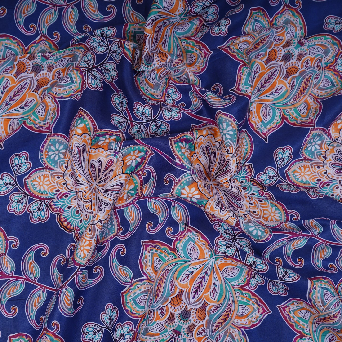 Dark Blue Floral Print Cotton Satin Fabric PG-30398