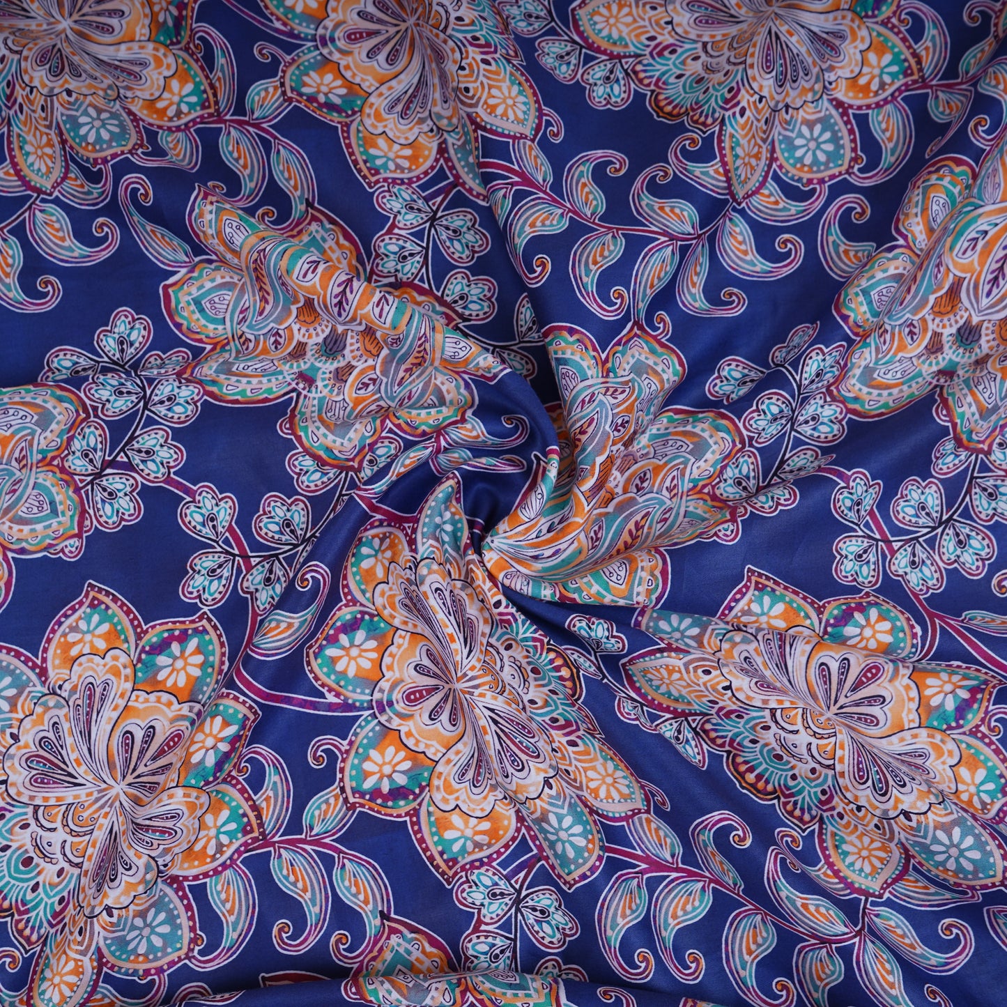 Dark Blue Floral Print Cotton Satin Fabric PG-30398