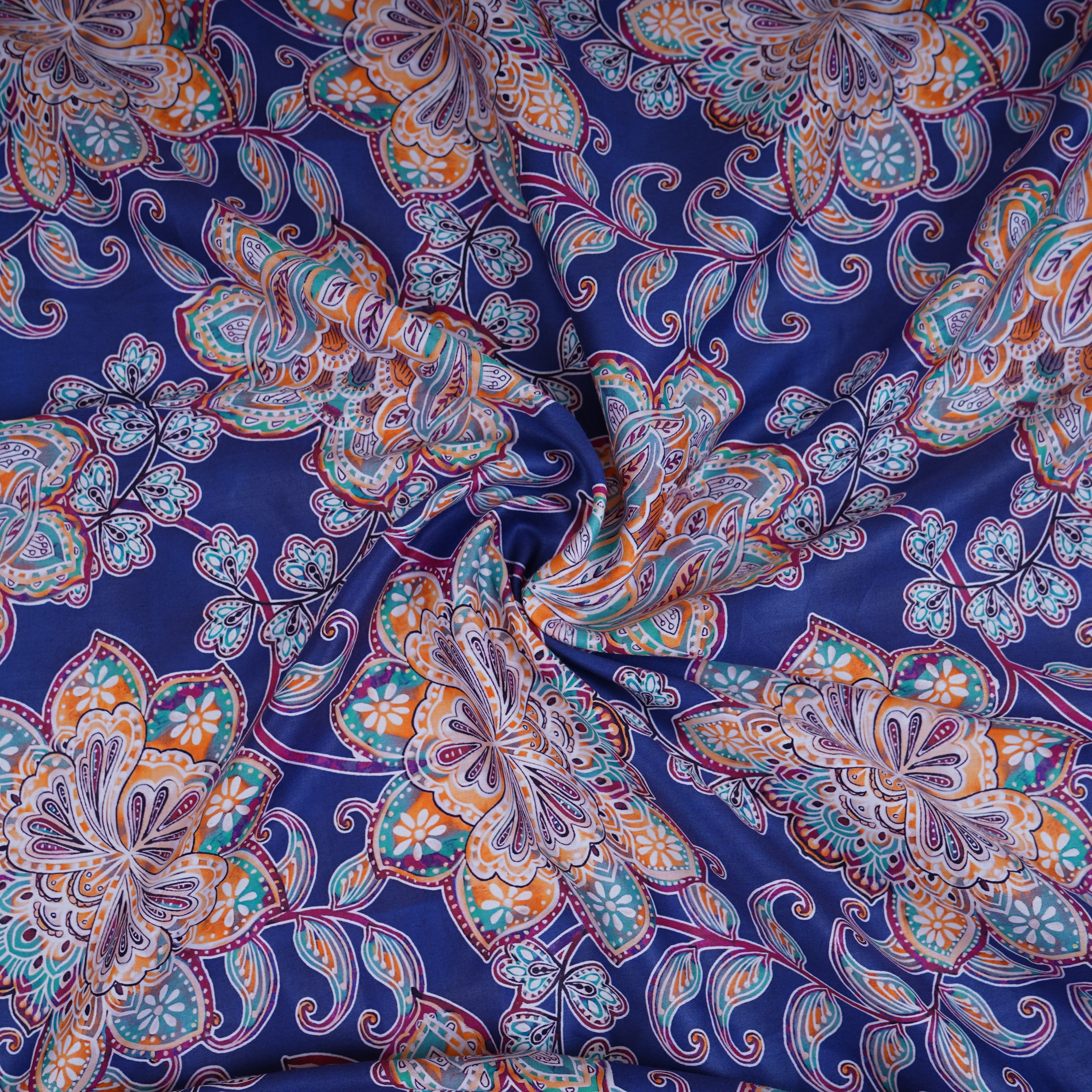 Dark Blue Floral Print Cotton Satin Fabric PG-30398 - TradeUNO