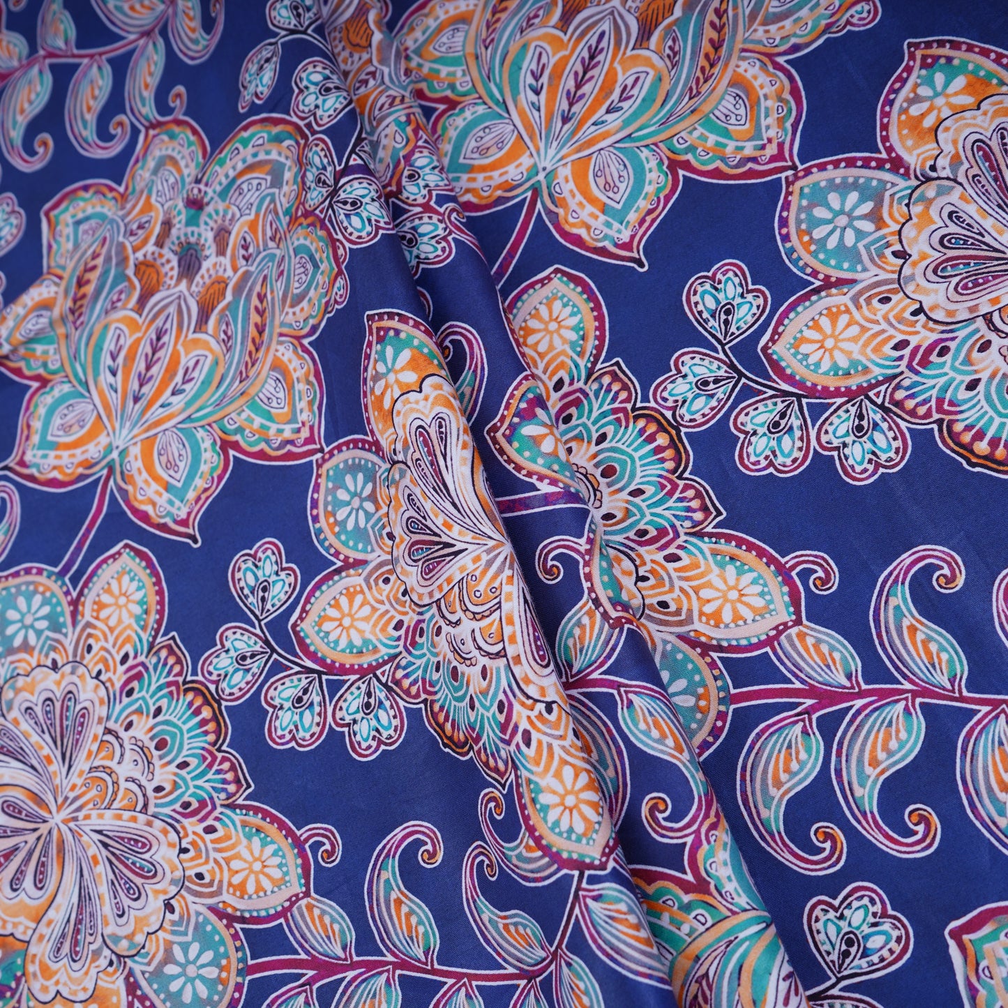 Dark Blue Floral Print Cotton Satin Fabric PG-30398