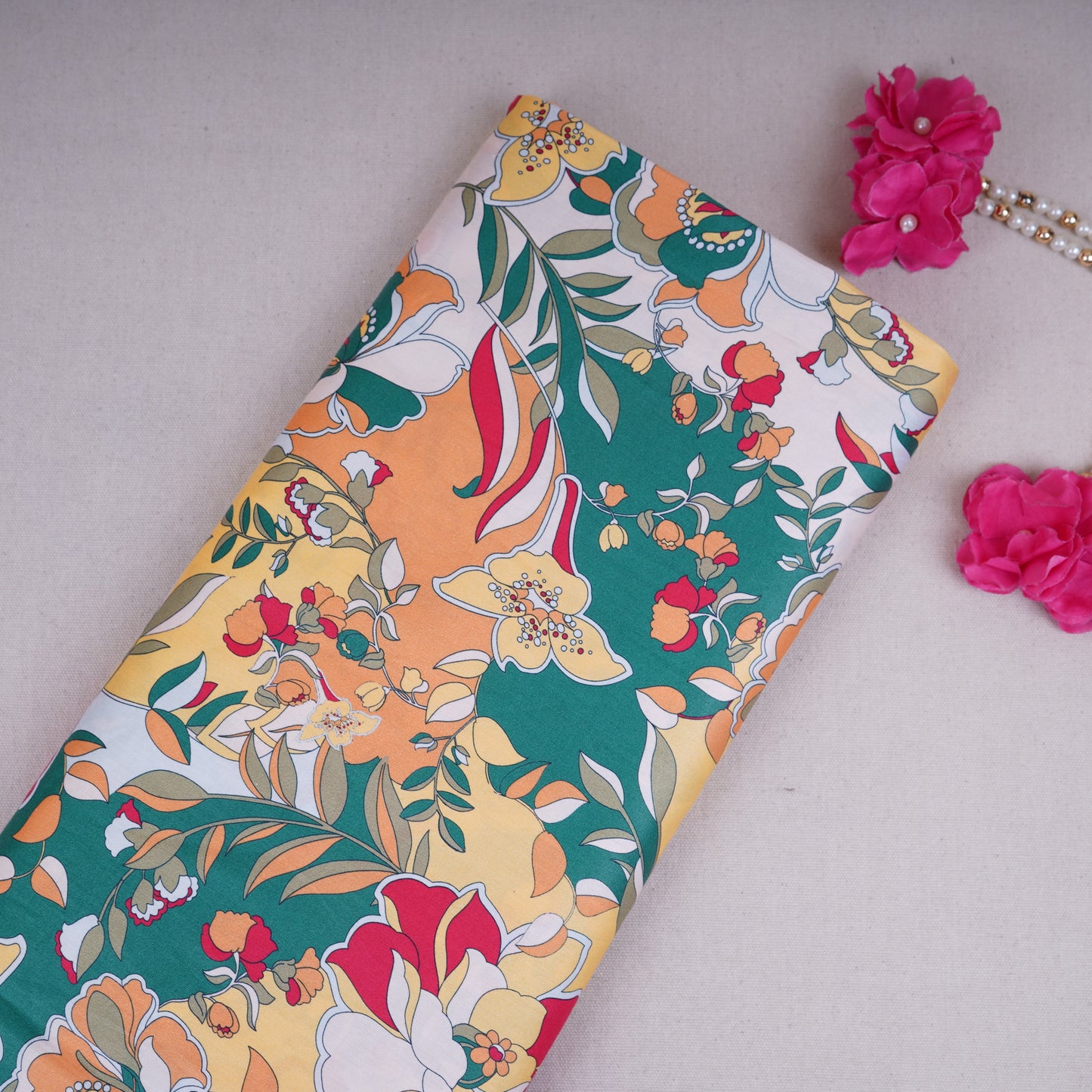 Yellow Green Floral Print Cotton Satin Fabric PG-30395