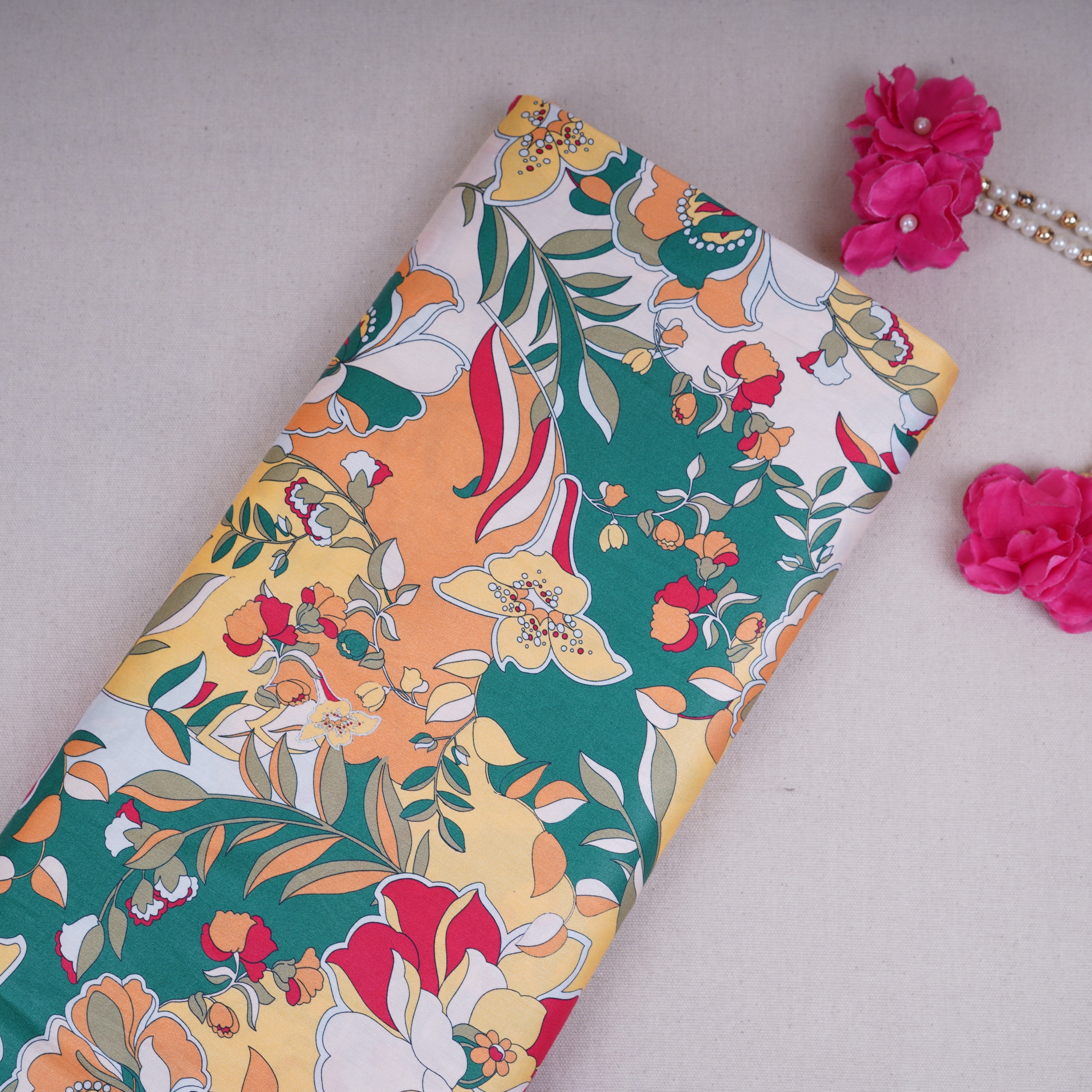 Yellow Green Floral Print Cotton Satin Fabric PG-30395 - TradeUNO