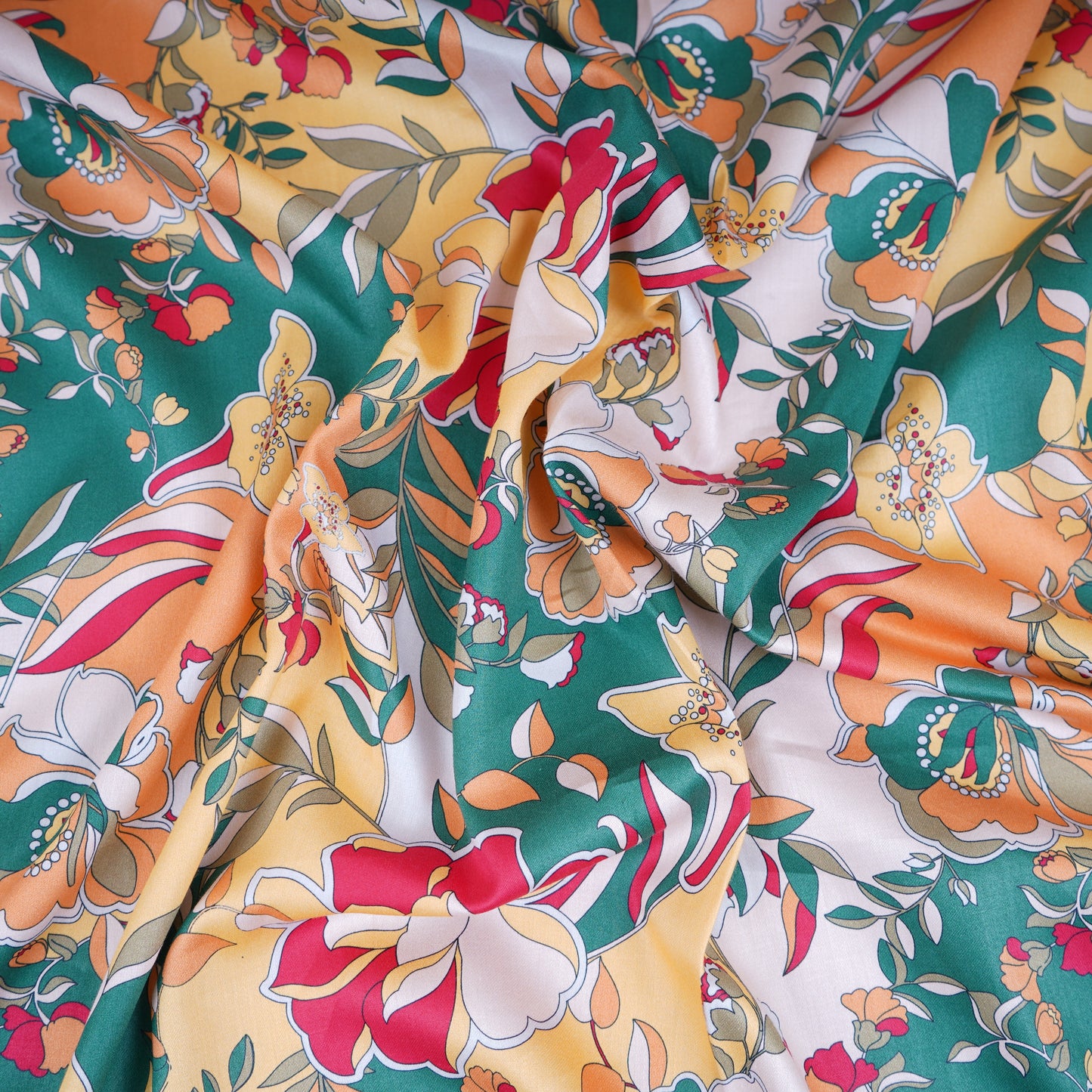 Yellow Green Floral Print Cotton Satin Fabric PG-30395