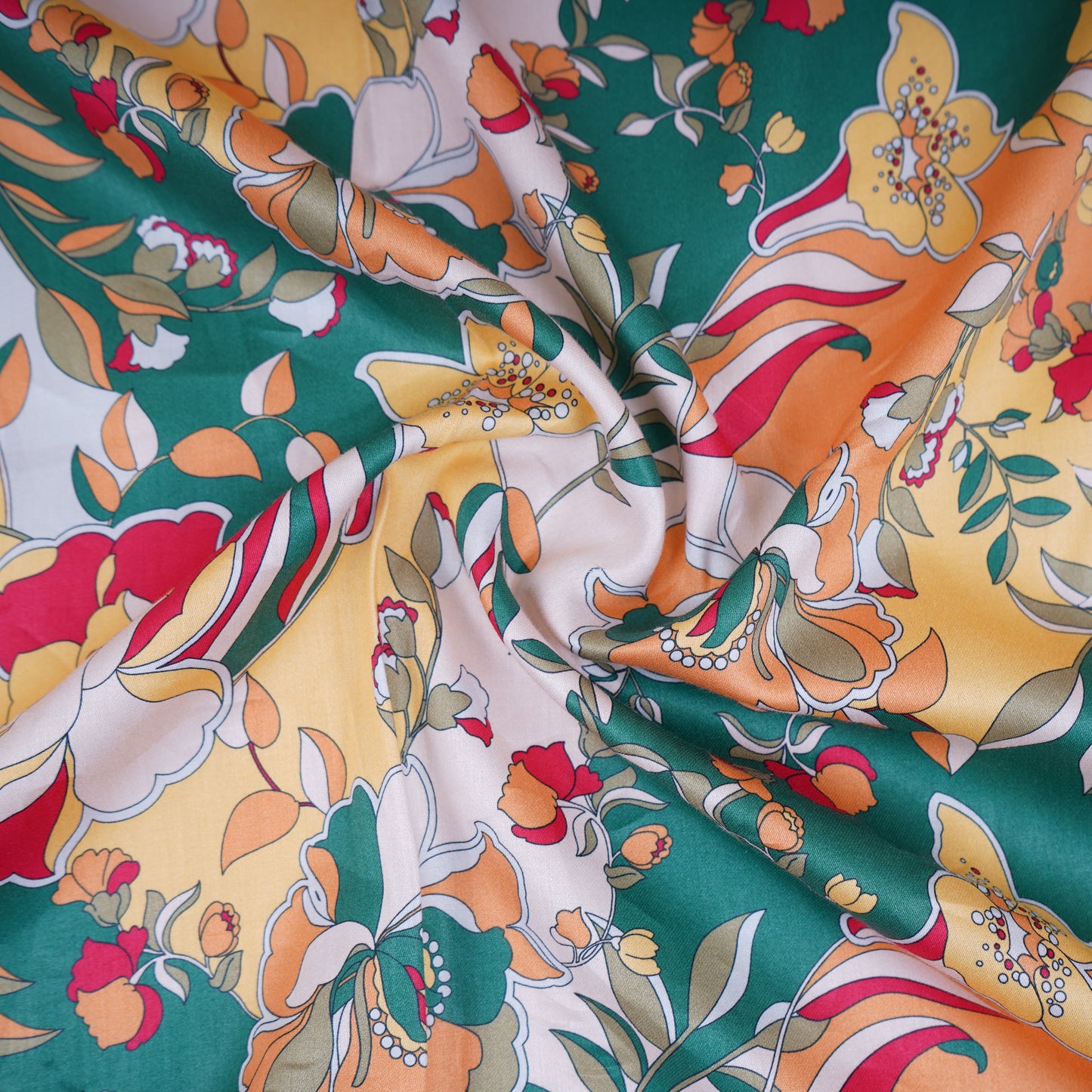 Yellow Green Floral Print Cotton Satin Fabric PG-30395