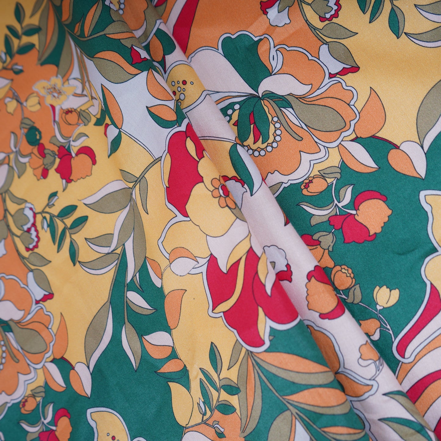 Yellow Green Floral Print Cotton Satin Fabric PG-30395