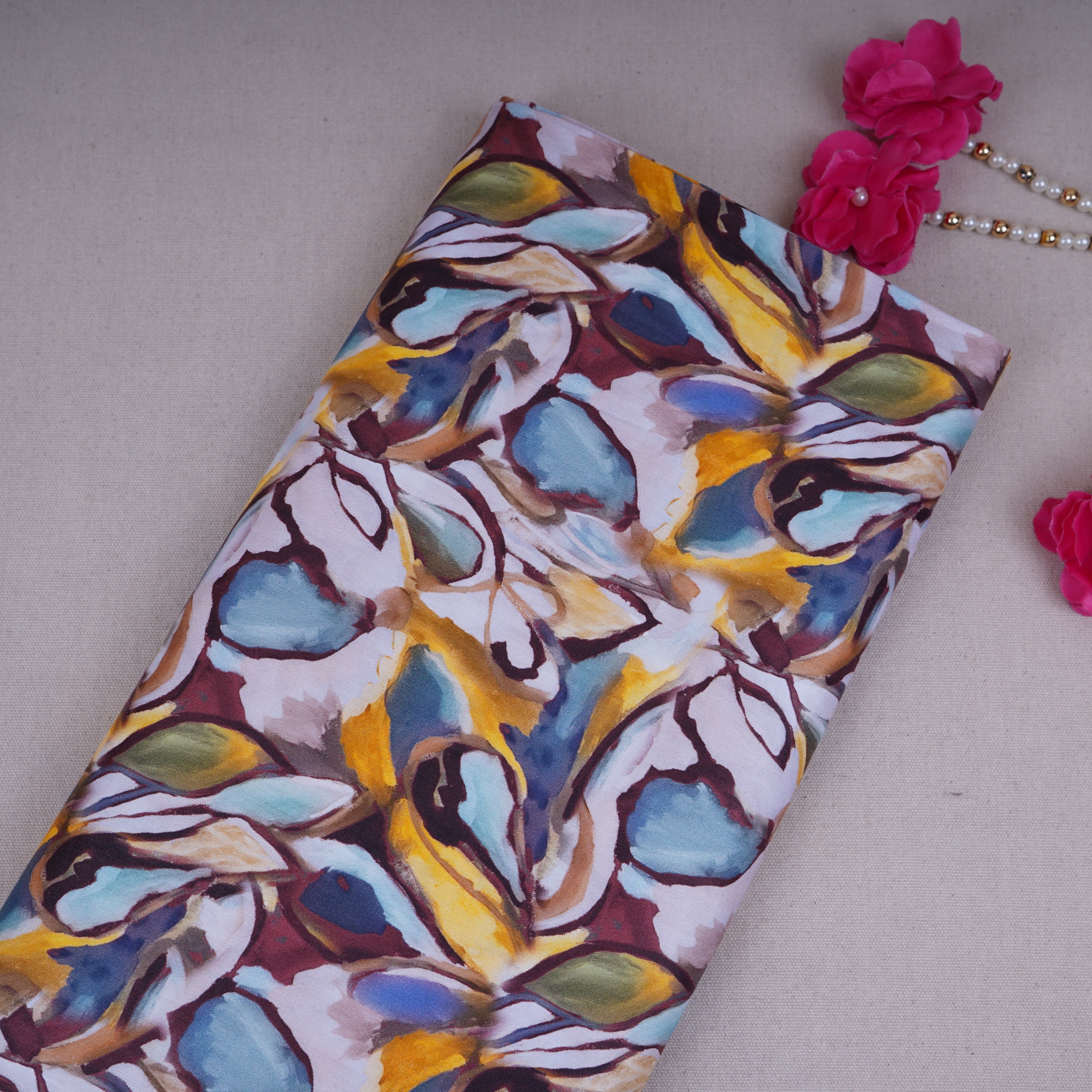 Yellow & Blue Abstract Print Cotton Satin Fabric PG-30402 - TradeUNO