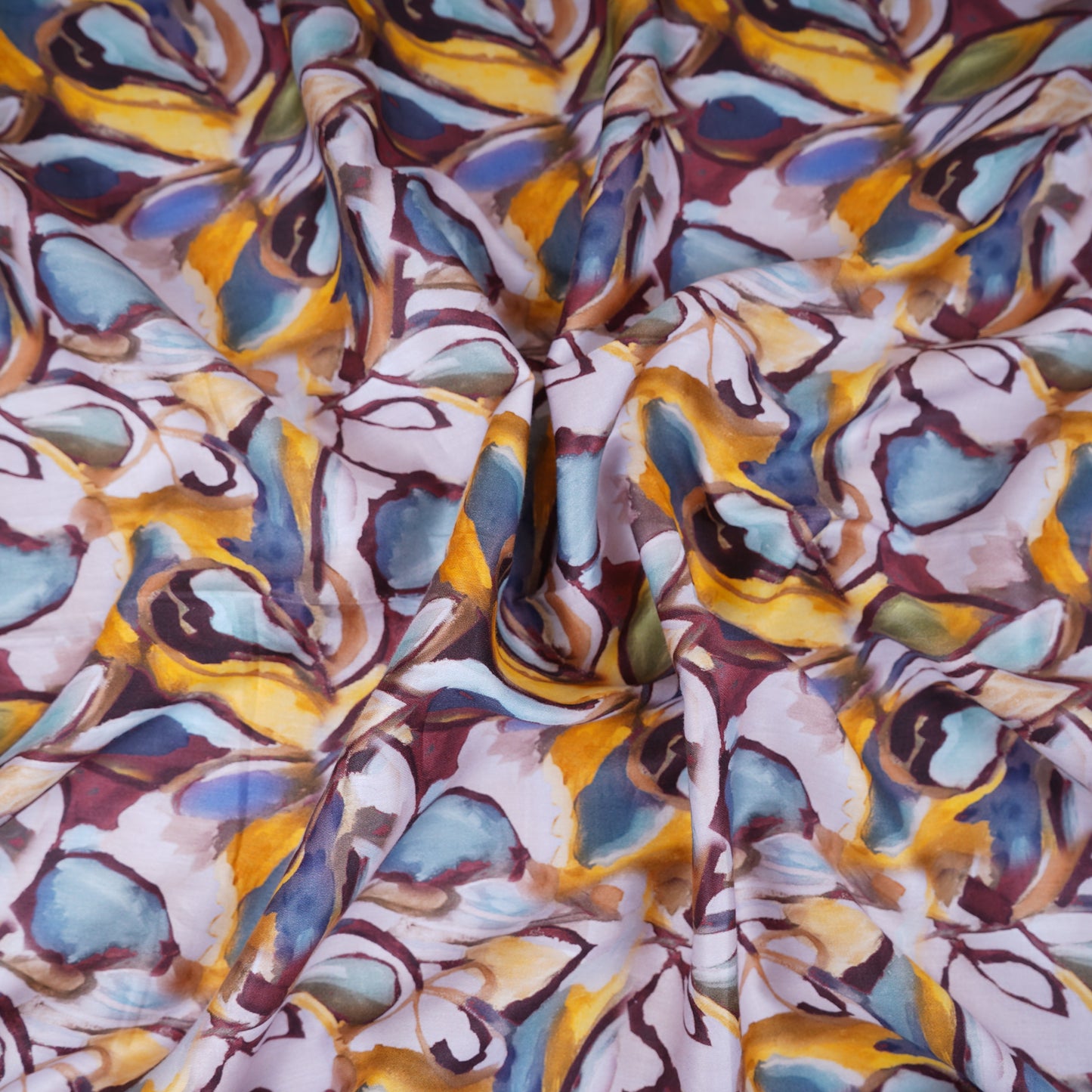 Yellow & Blue Abstract Print Cotton Satin Fabric PG-30402